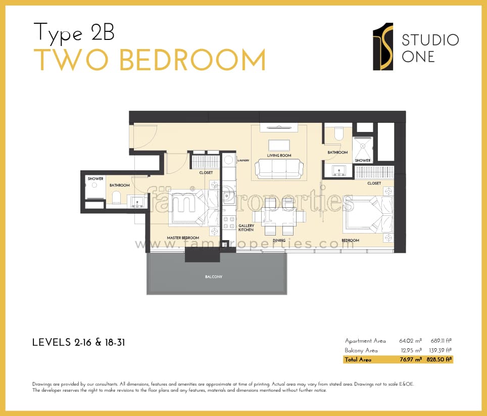 Studio One, 2-Bed Floor Plan, type: Type 2B