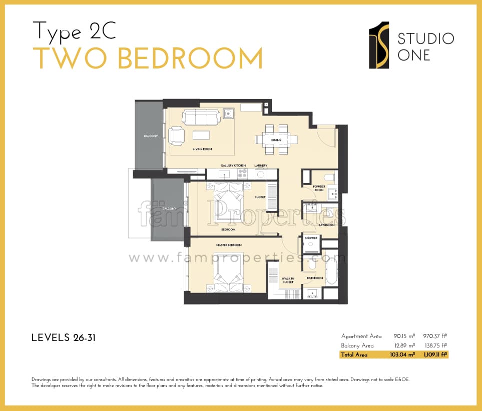 Studio One, 2-Bed Floor Plan, type: Type 2C