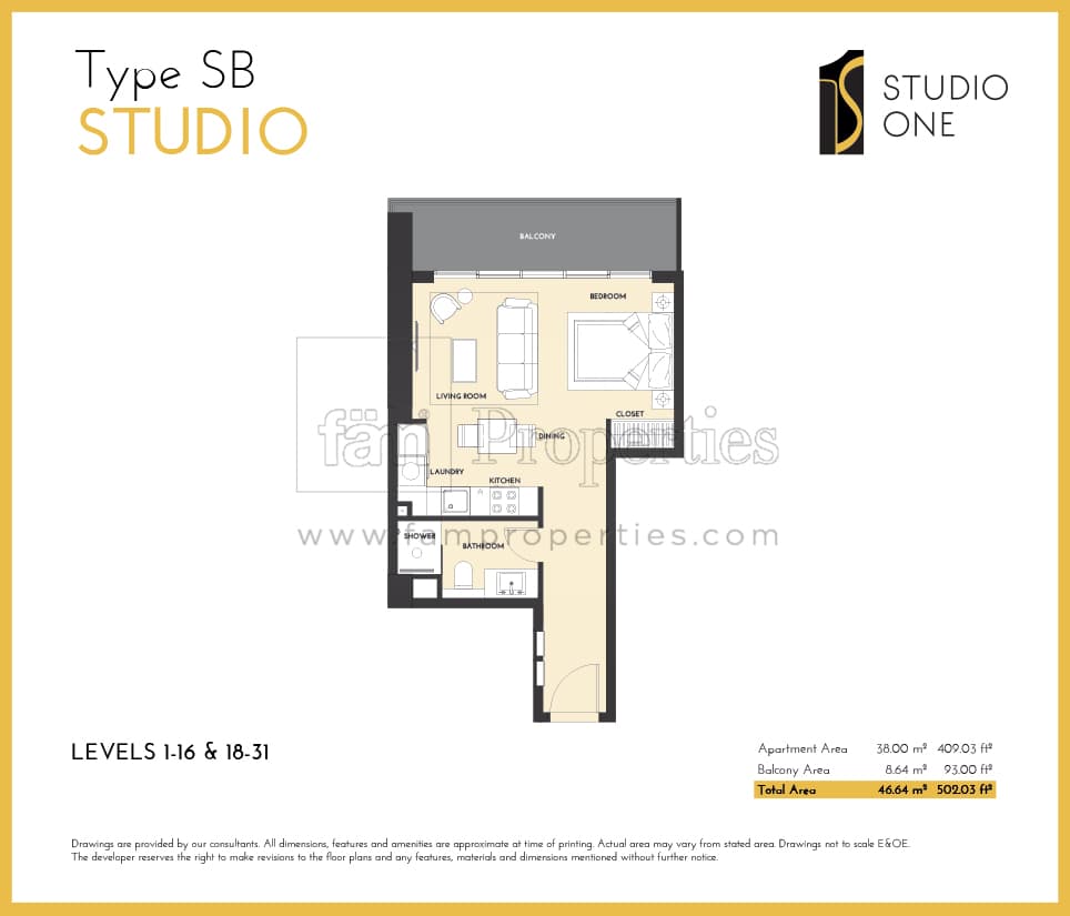 Studio One, 0-Bed Floor Plan, type: Type SB