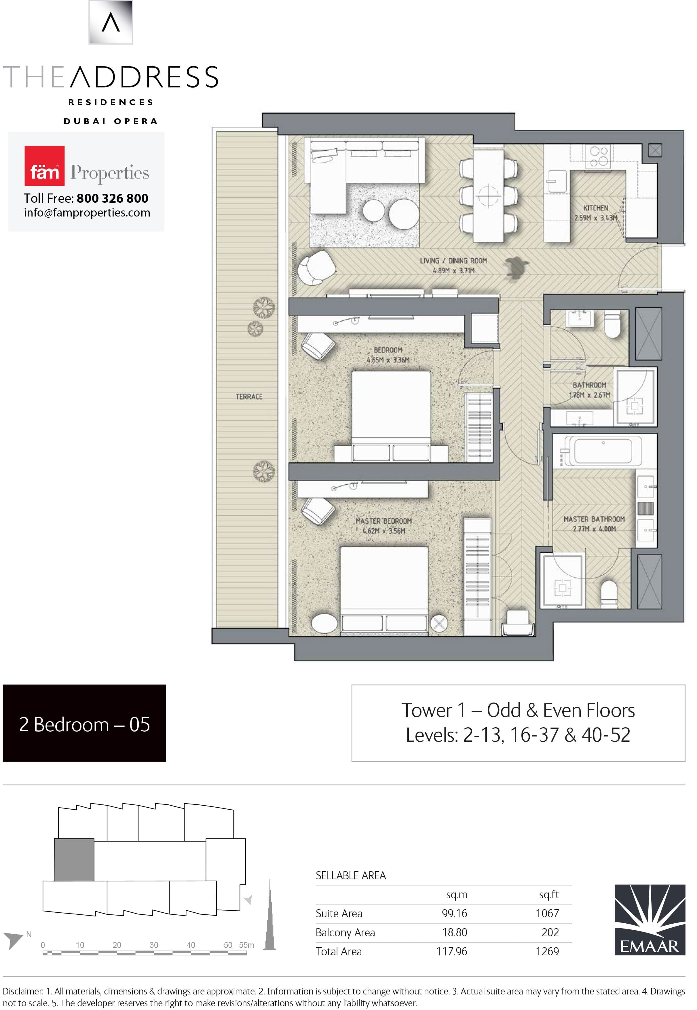 The Address Residences Dubai Opera Tower 1, 2-Bed Floor Plan, type: 2BR-4: Tower 1 - Odd & Even Floors Levels: 2-13, 16-37 & 40-52