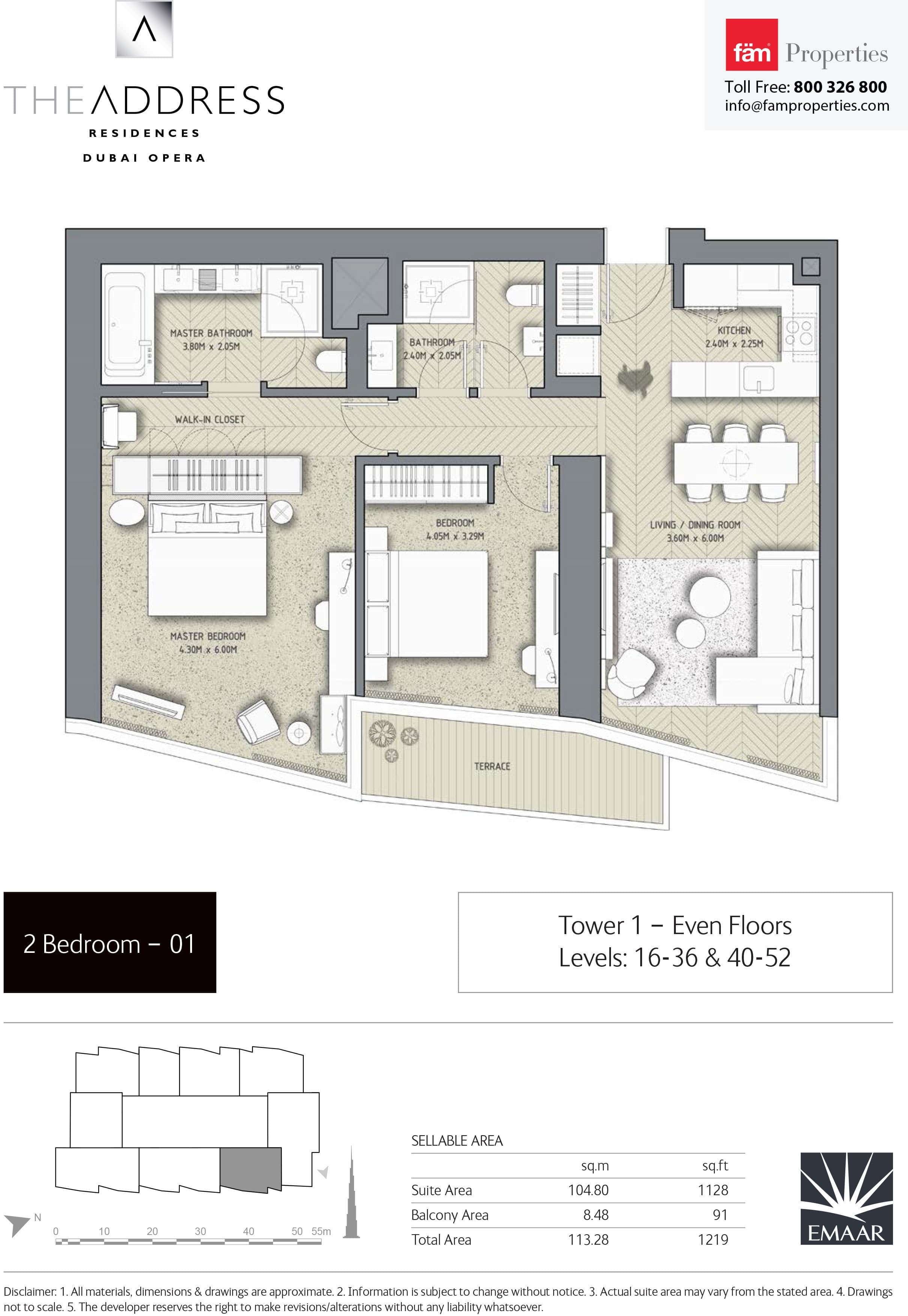 The Address Residences Dubai Opera Tower 1, 2-Bed Floor Plan, type: 2BR-1: Tower 1 - Even Floors Levels: 16-36 & 40-52