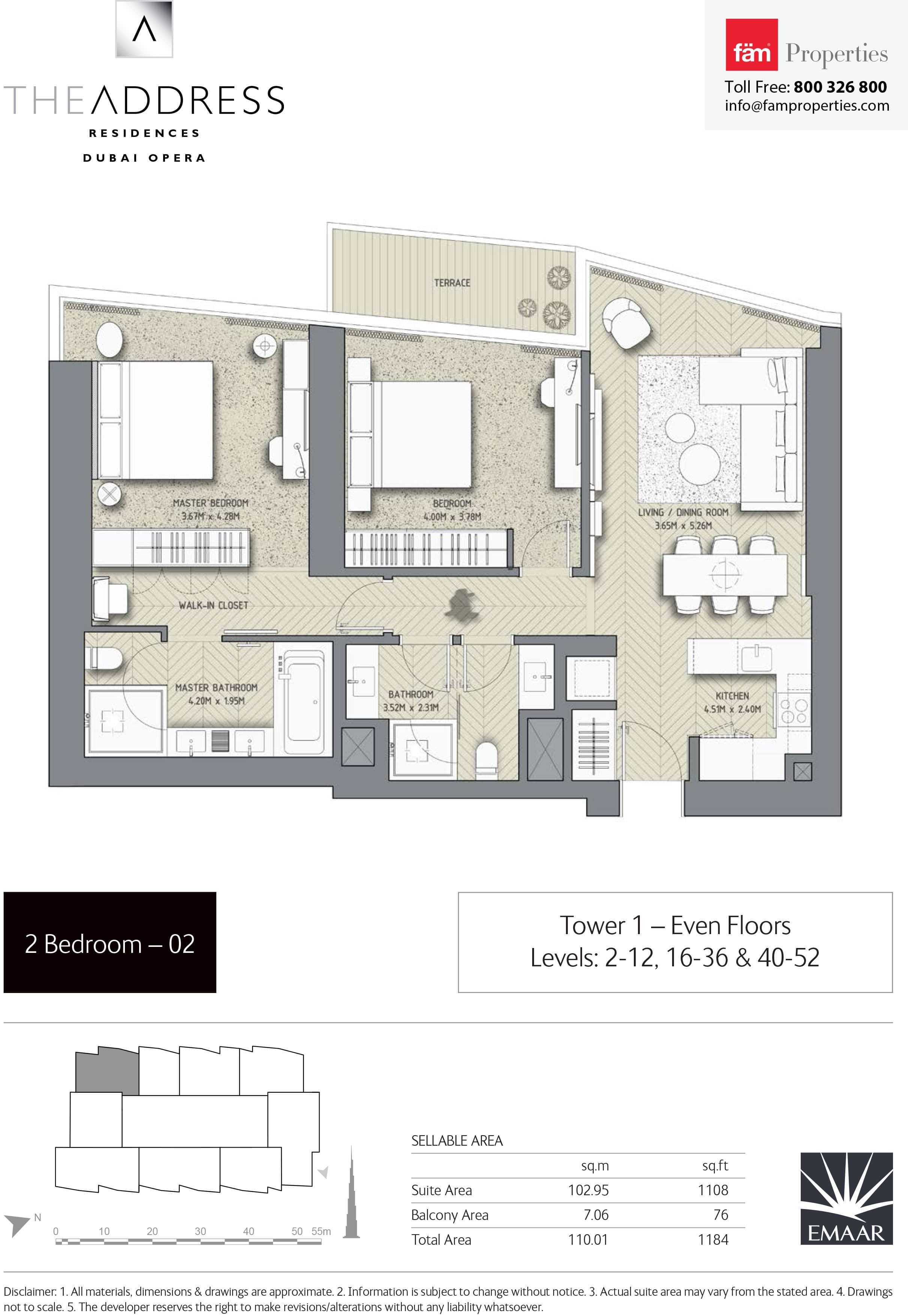 The Address Residences Dubai Opera Tower 1, 2-Bed Floor Plan, type: 2BR-2: Tower 1 - Even Floors Levels: 2-12, 16-36 & 40-52