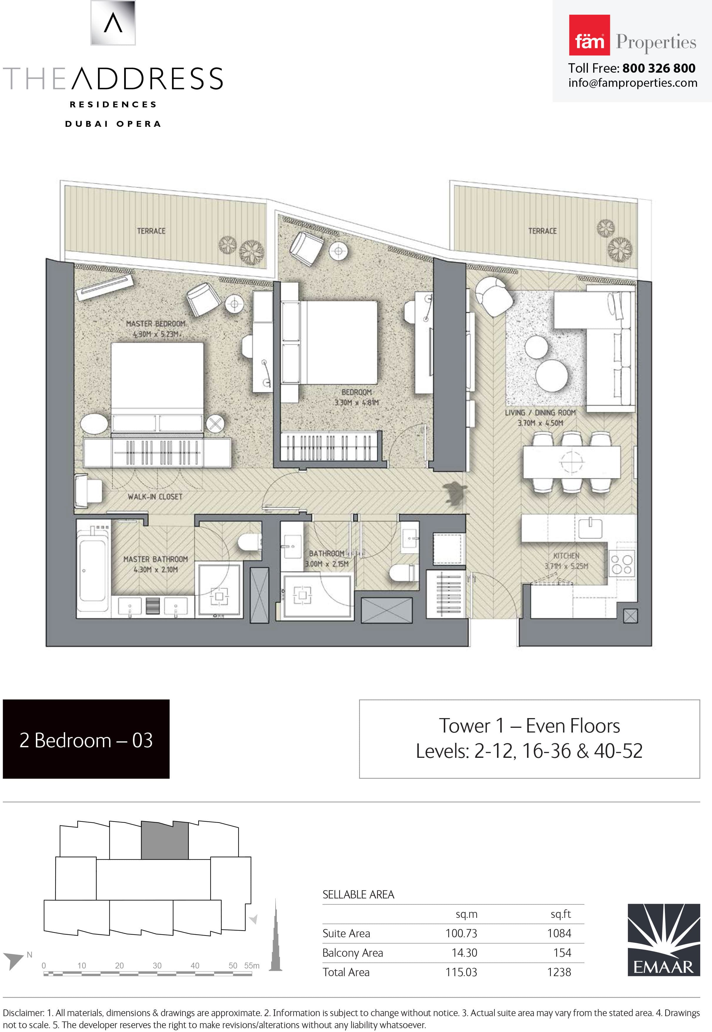 The Address Residences Dubai Opera Tower 1, 2-Bed Floor Plan, type: 2BR-3: Tower 1 - Even Floors Levels: 2-12, 16-36 & 40-52