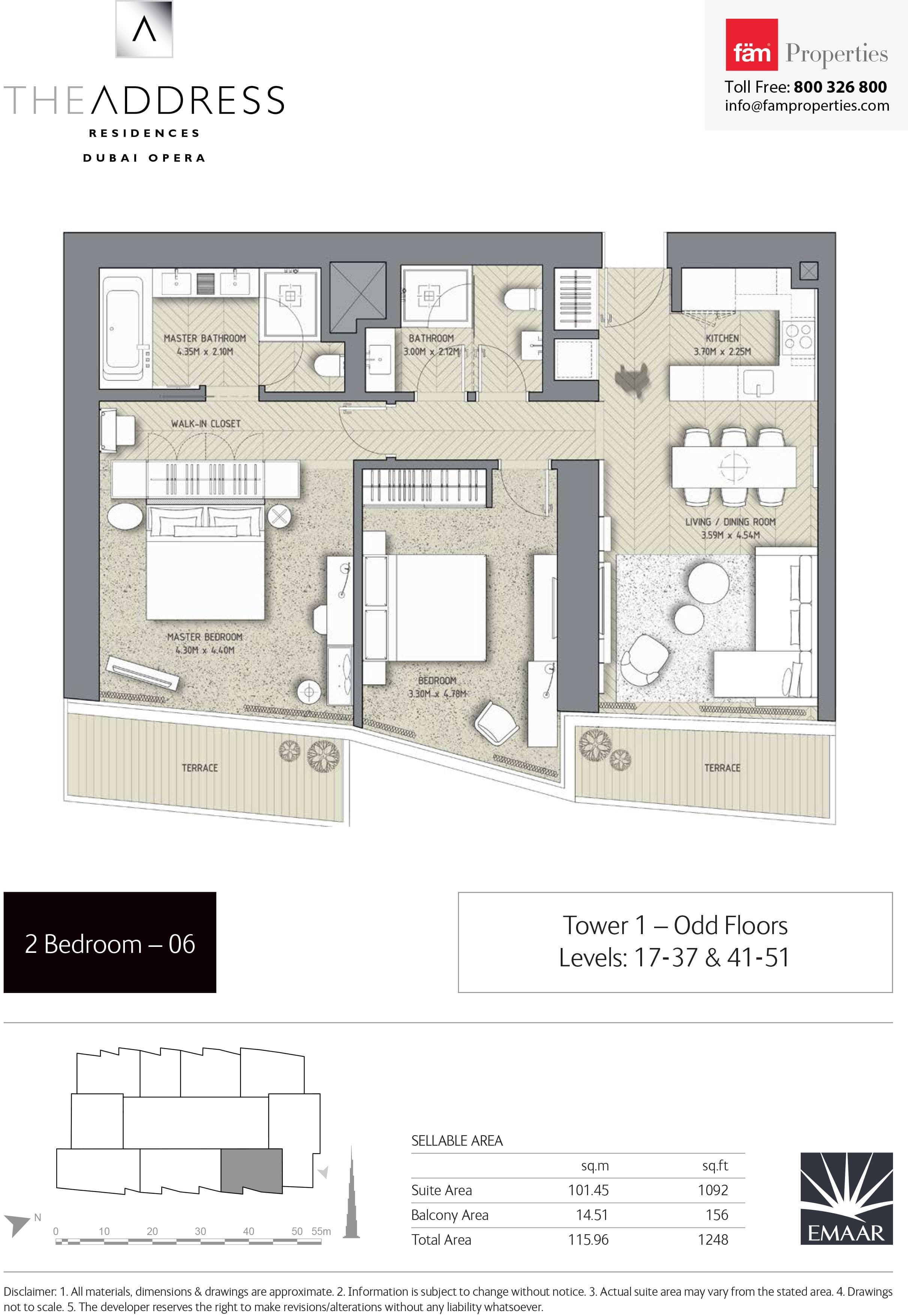 The Address Residences Dubai Opera Tower 1, 2-Bed Floor Plan, type: 2BR-6: Tower 1 - Odd Floors Levels: 17-37 & 41-51