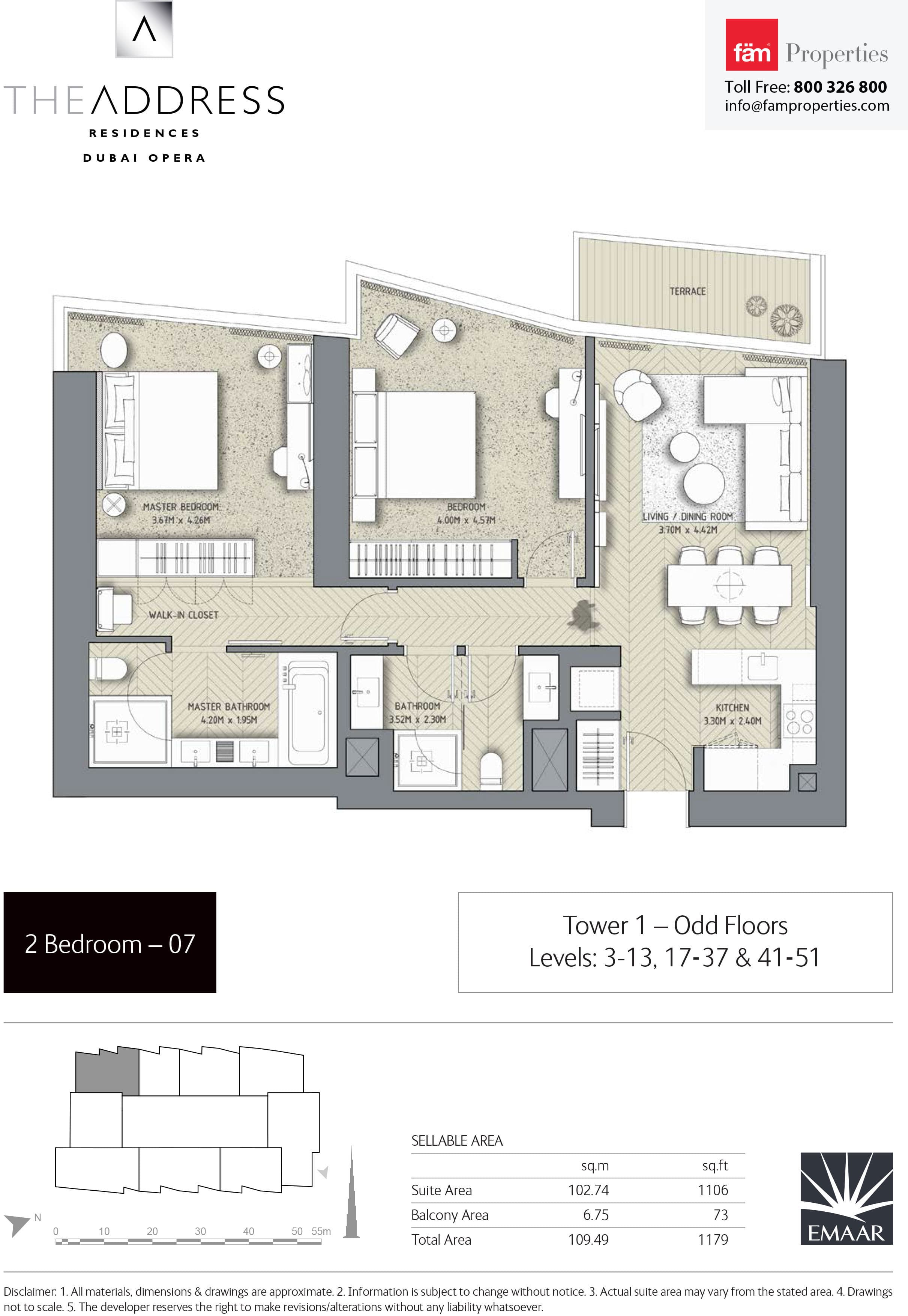The Address Residences Dubai Opera Tower 1, 2-Bed Floor Plan, type: 2BR-7: Tower 1 - Odd Floors Levels: 3-13, 17-37 & 41-51