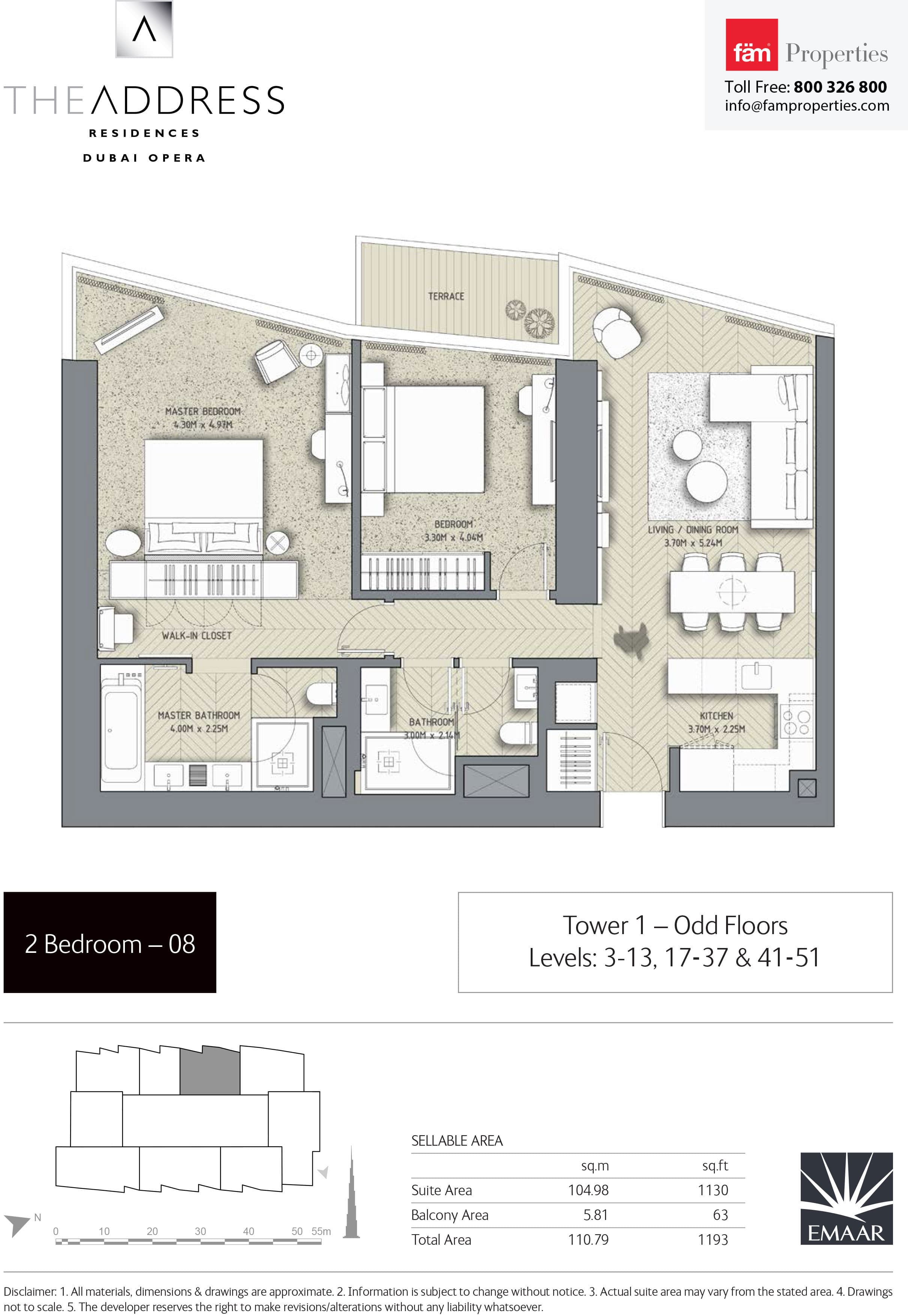 The Address Residences Dubai Opera Tower 1, 2-Bed Floor Plan, type: 2BR-8: Tower 1 - Odd Floors Levels: 3-13, 17-37 & 41-51