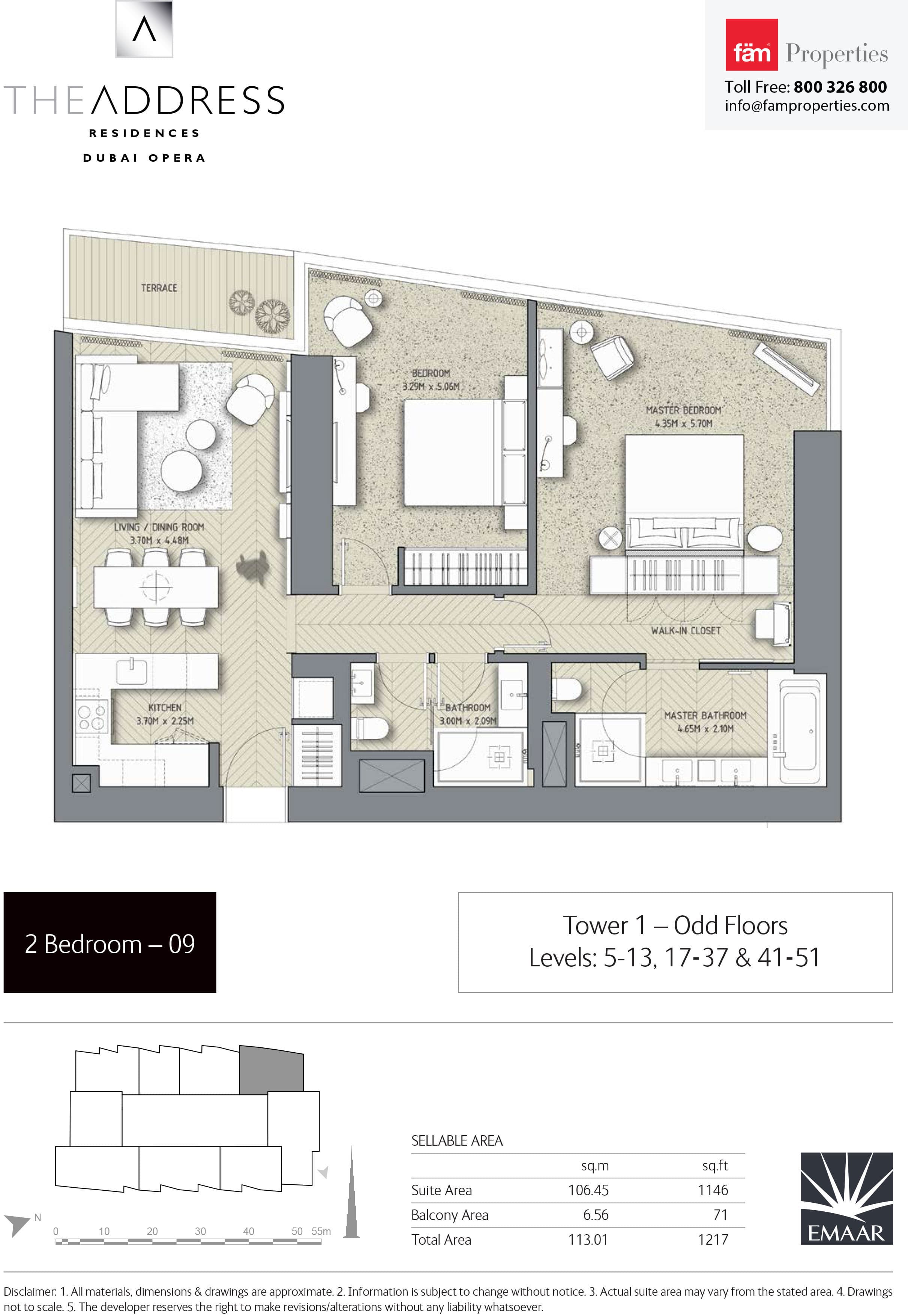 The Address Residences Dubai Opera Tower 1, 2-Bed Floor Plan, type: 2BR-9: Tower 1 - Odd Floors Levels: 5-13,17-37 & 41-51