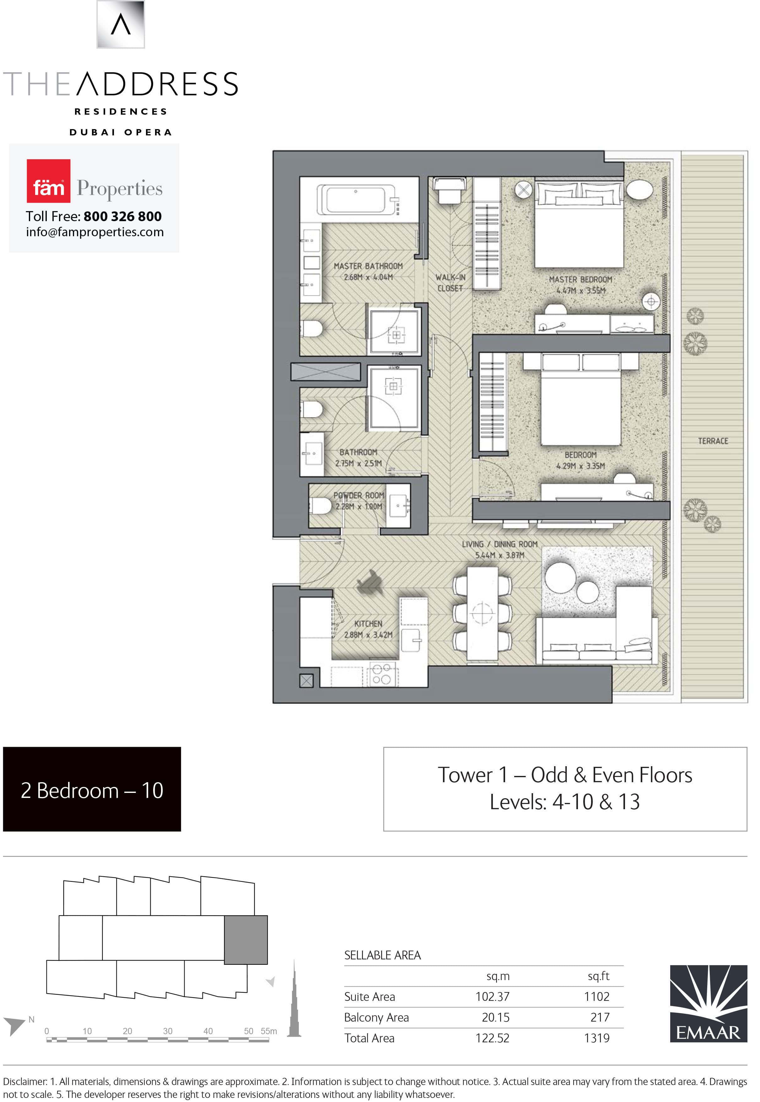 The Address Residences Dubai Opera Tower 1, 2-Bed Floor Plan, type: 2BR-4: Tower 1 - Odd & Even Floors Levels: 4-10 & 13