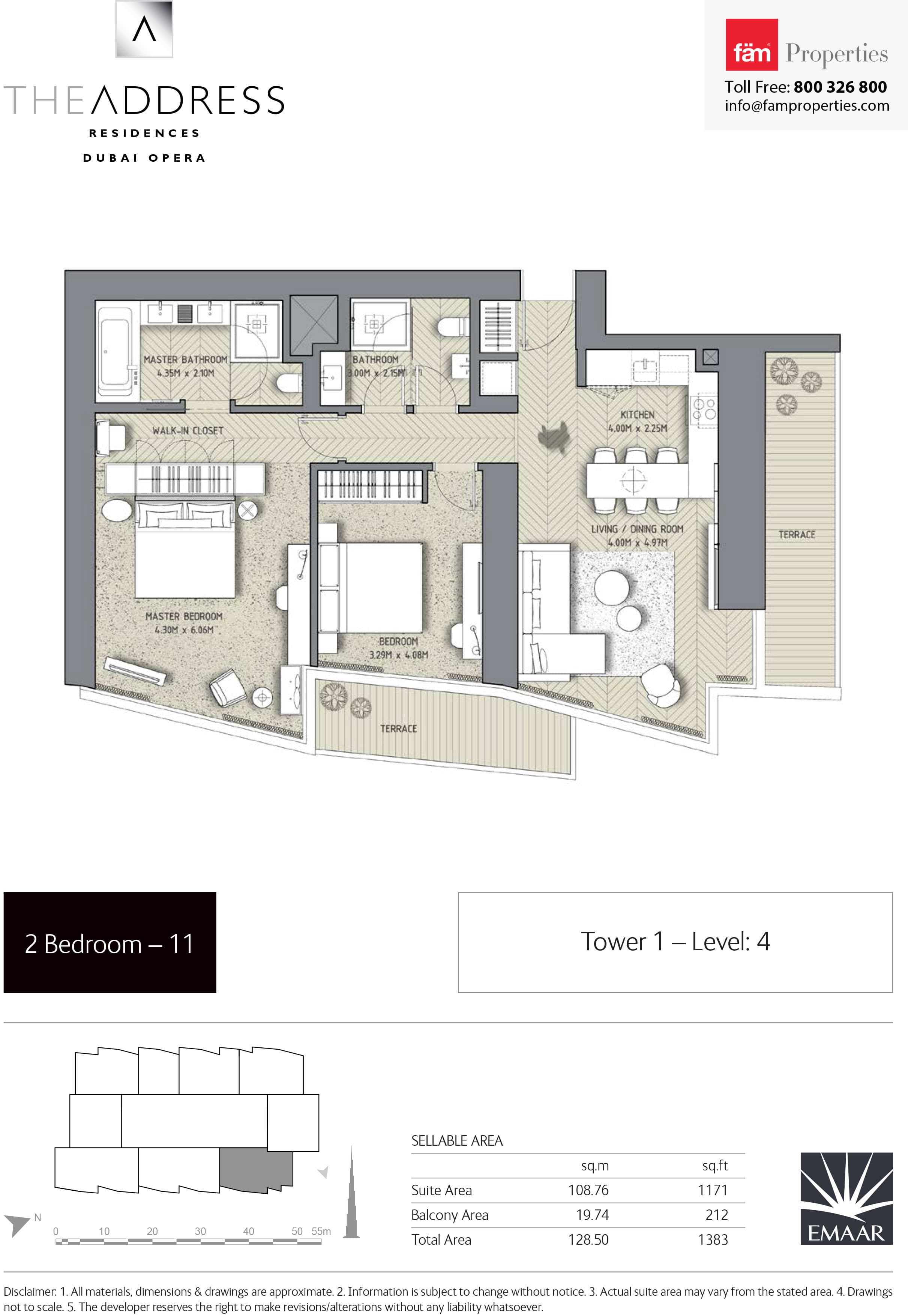 The Address Residences Dubai Opera Tower 1, 2-Bed Floor Plan, type: 2BR-11: Tower1 Level: 4