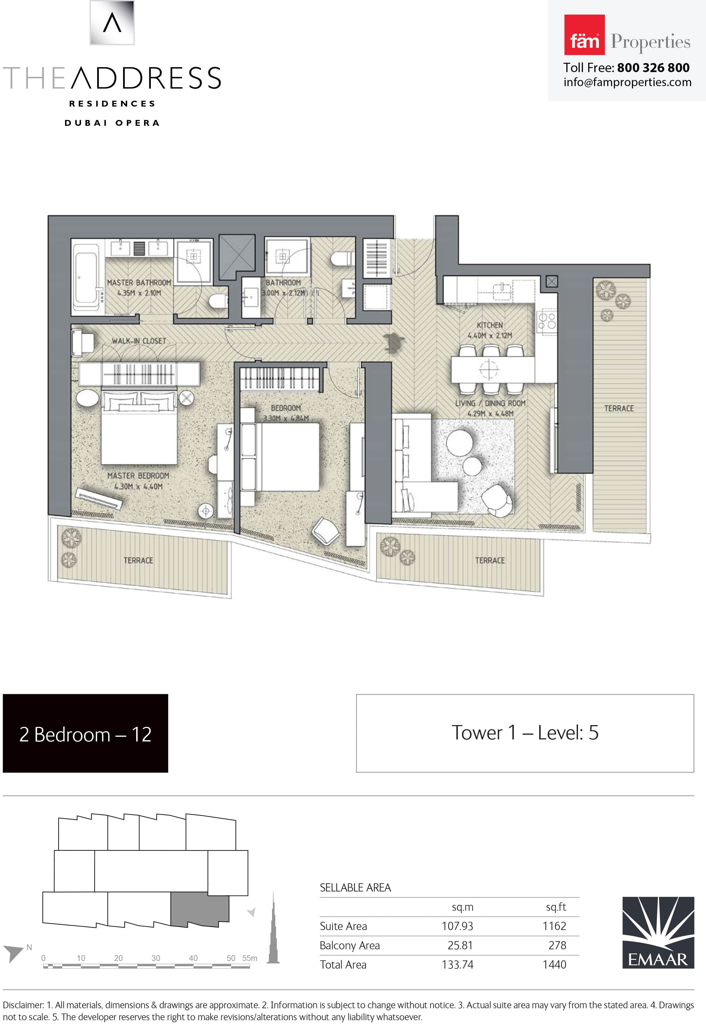 The Address Residences Dubai Opera Tower 1, 2-Bed Floor Plan, type: 2BR-12: Tower1 Level: 5
