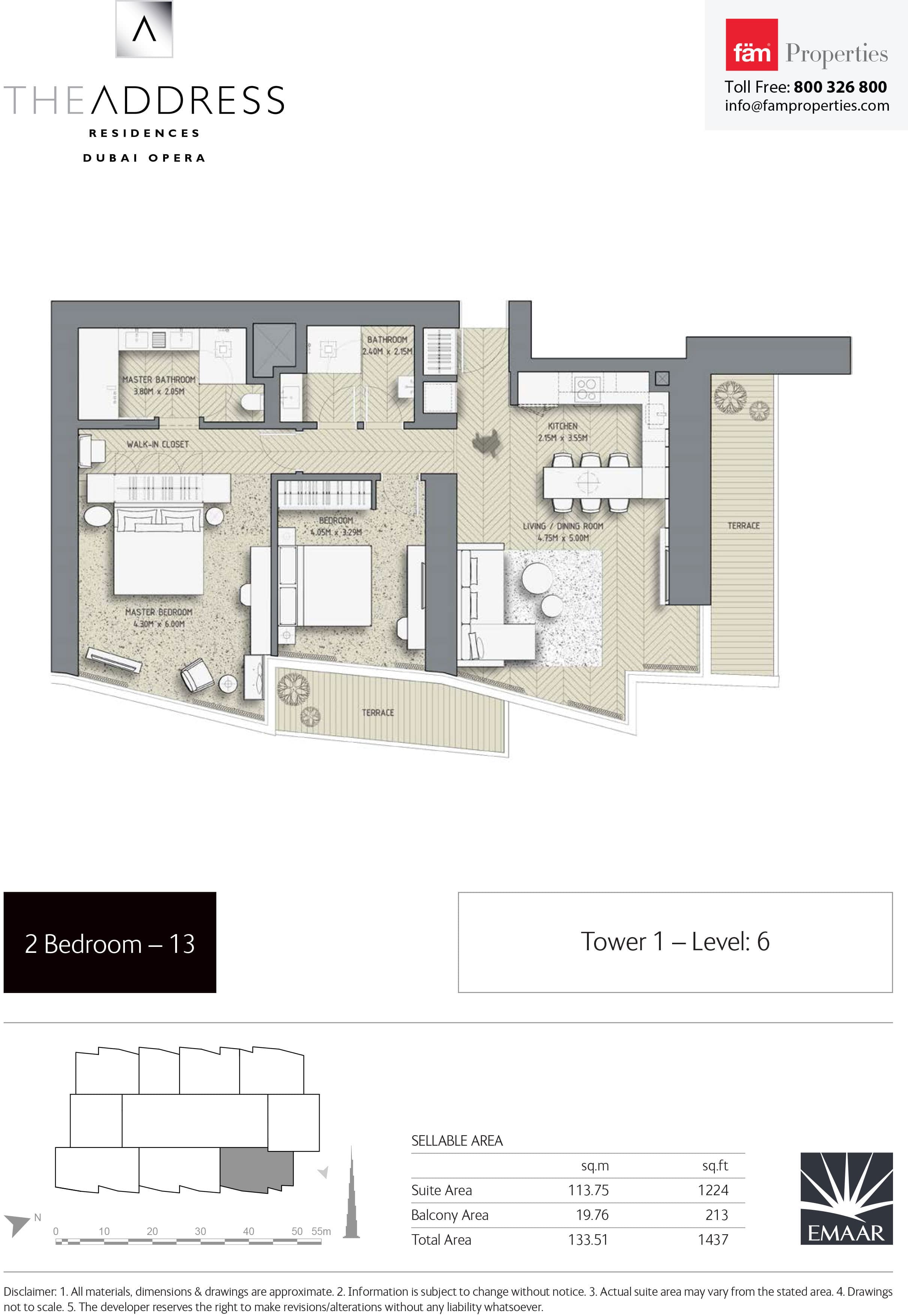 The Address Residences Dubai Opera Tower 1, 2-Bed Floor Plan, type: 2BR-13: Tower1 Level: 6