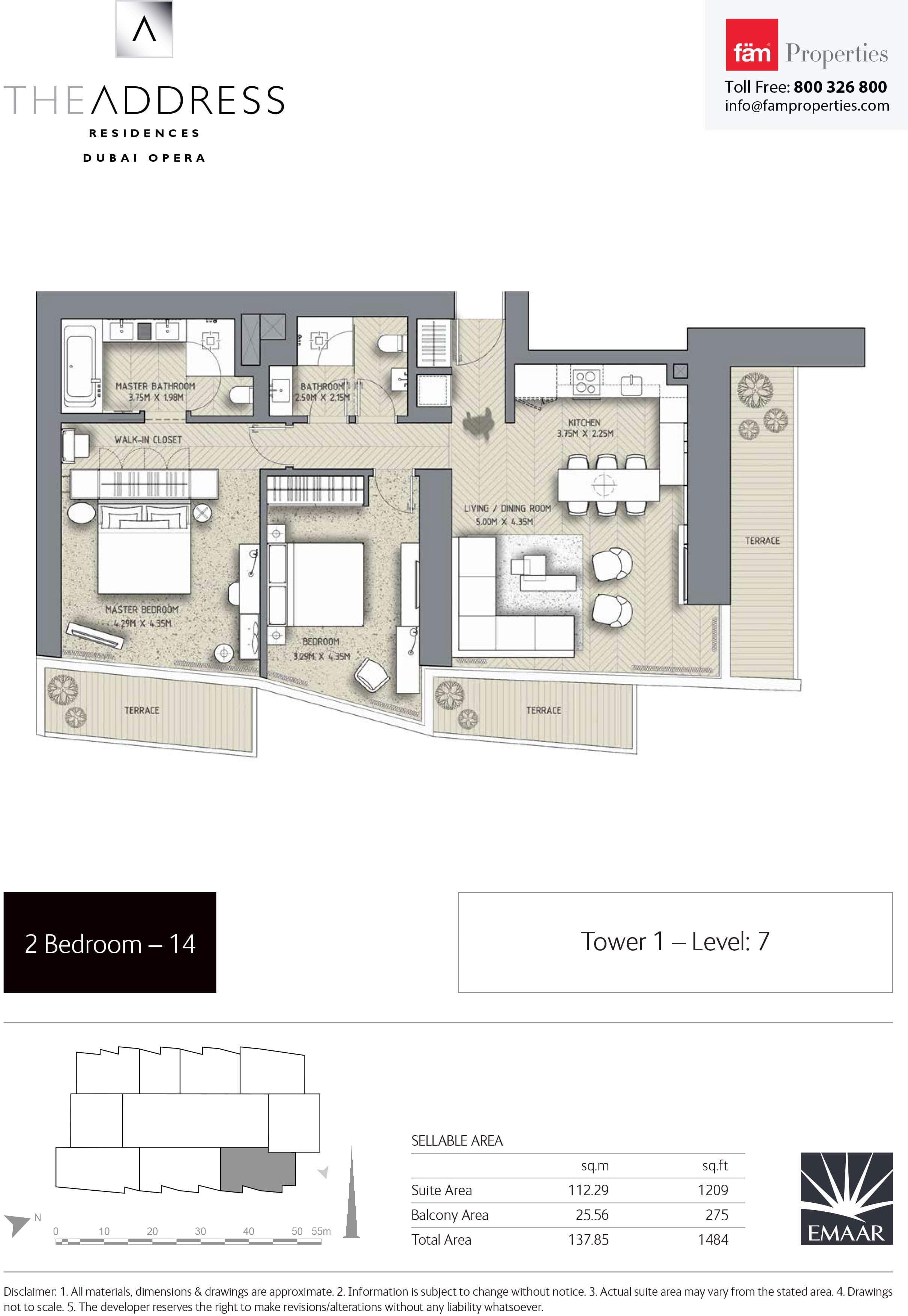 The Address Residences Dubai Opera Tower 1, 2-Bed Floor Plan, type: 2BR-14: Tower1 Level: 7
