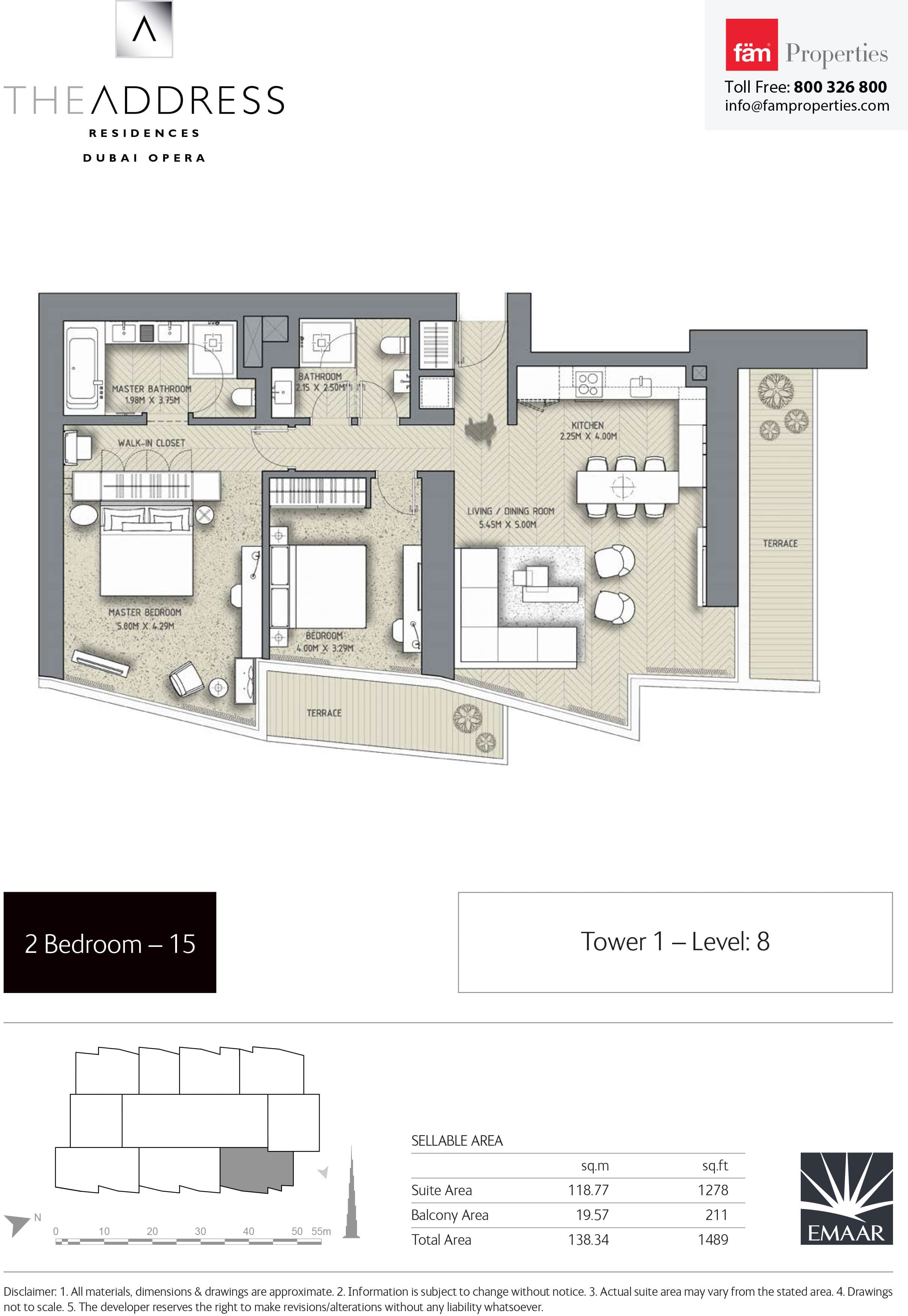 The Address Residences Dubai Opera Tower 1, 2-Bed Floor Plan, type: 2BR-15: Tower1 Level: 8
