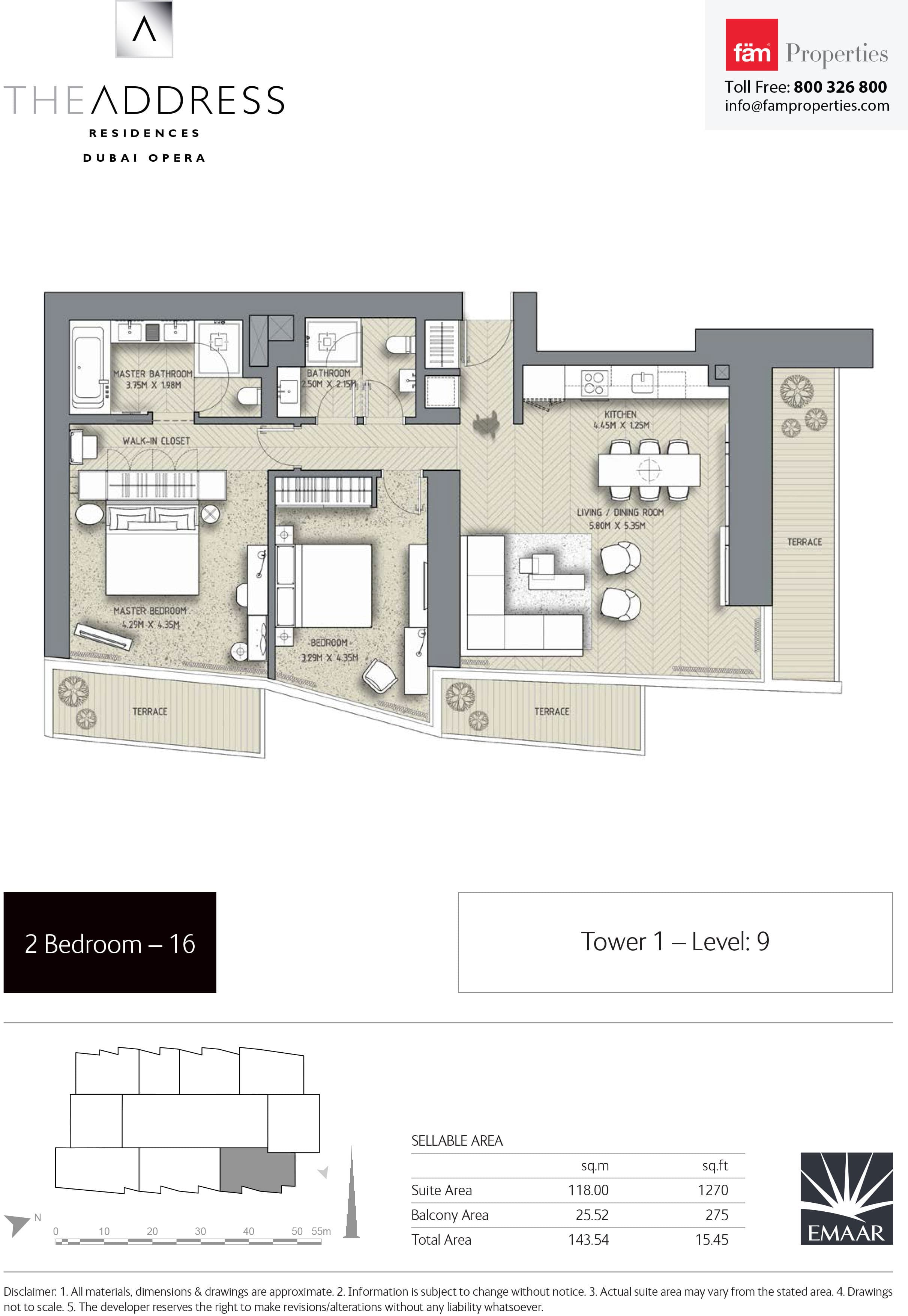 The Address Residences Dubai Opera Tower 1, 2-Bed Floor Plan, type: 2BR-16: Tower1 Level: 9