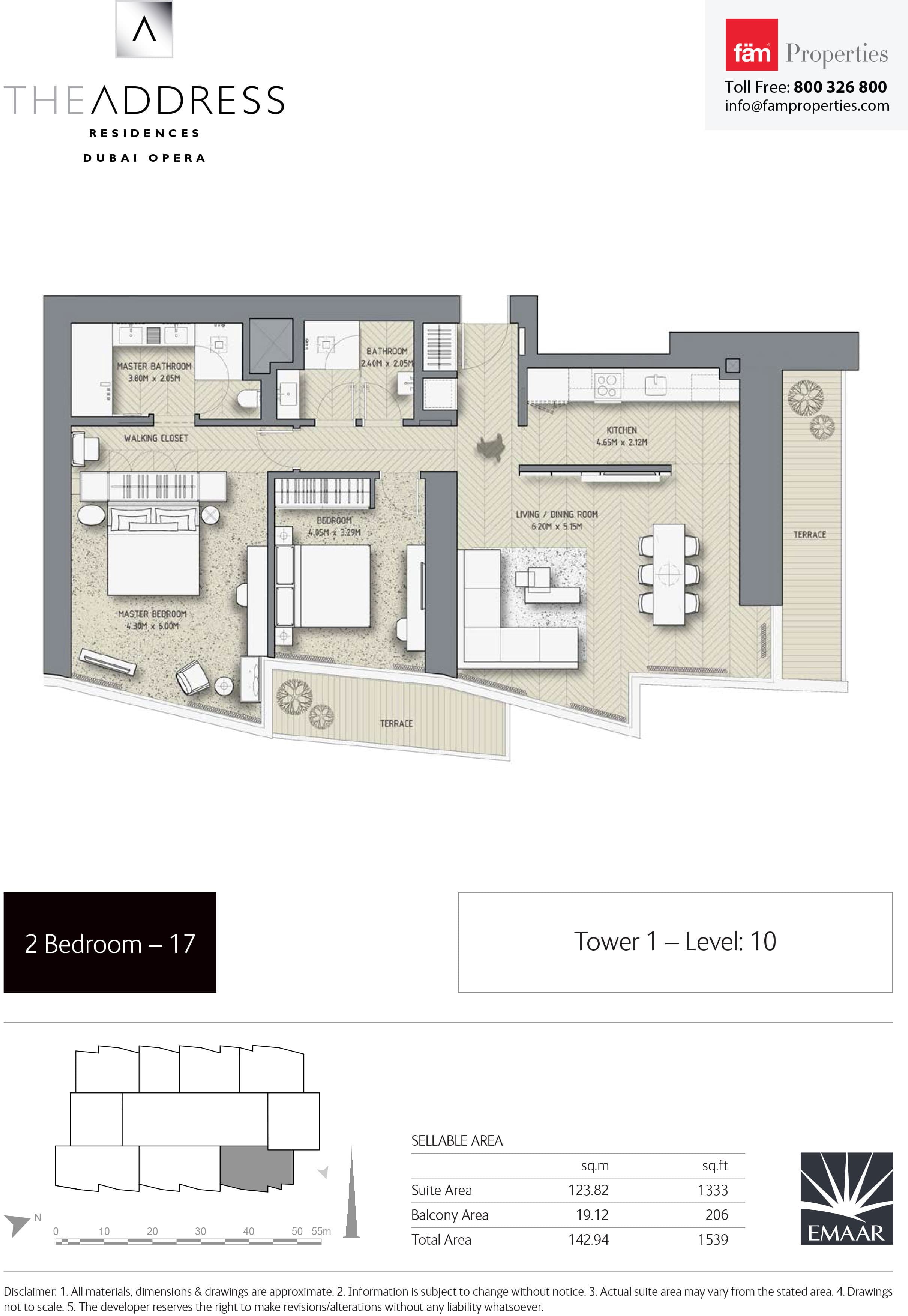 The Address Residences Dubai Opera Tower 1, 2-Bed Floor Plan, type: 2BR-17: Tower1 Level: 10