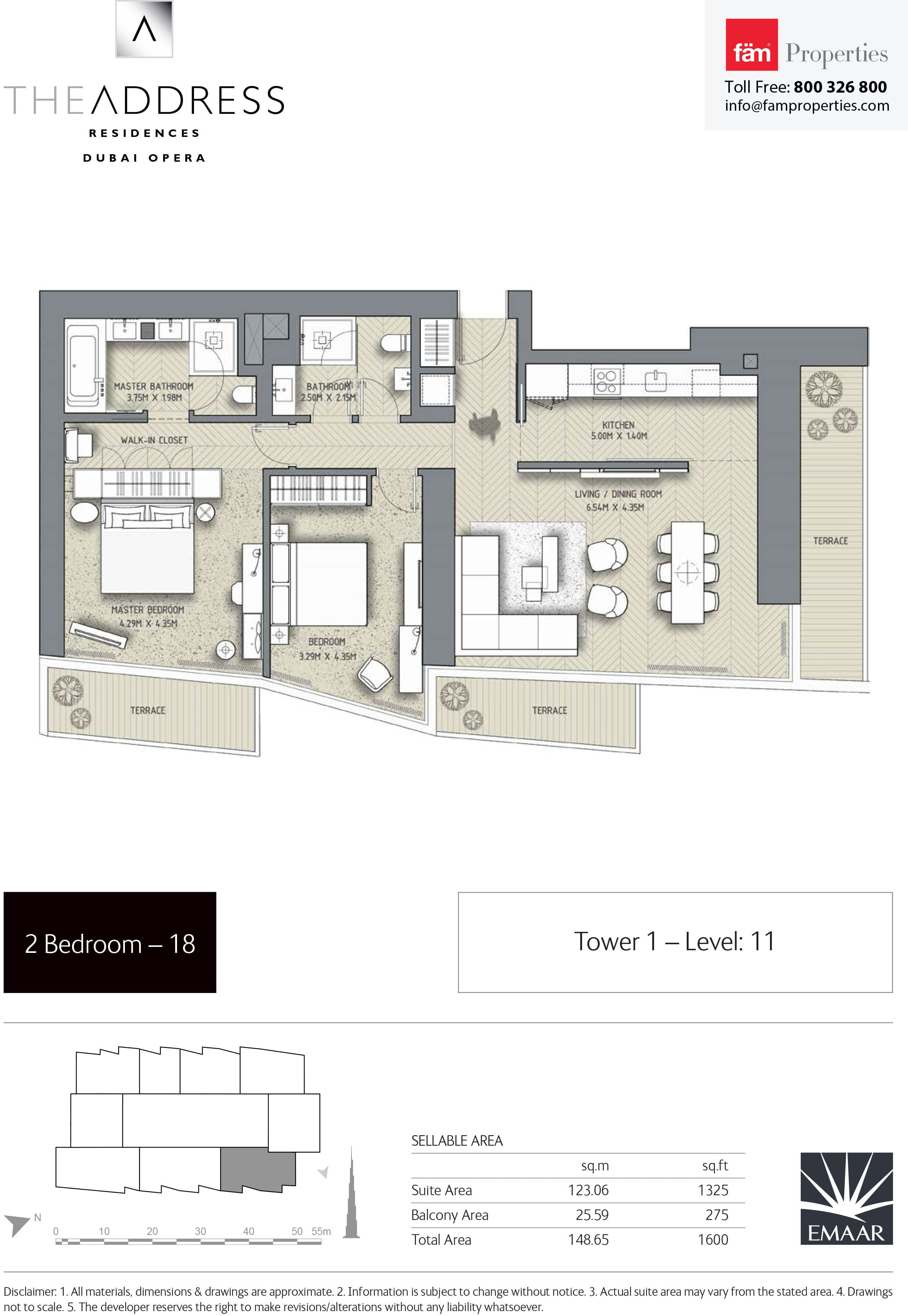 The Address Residences Dubai Opera Tower 1, 2-Bed Floor Plan, type: 2BR-18: Tower1 Level: 11
