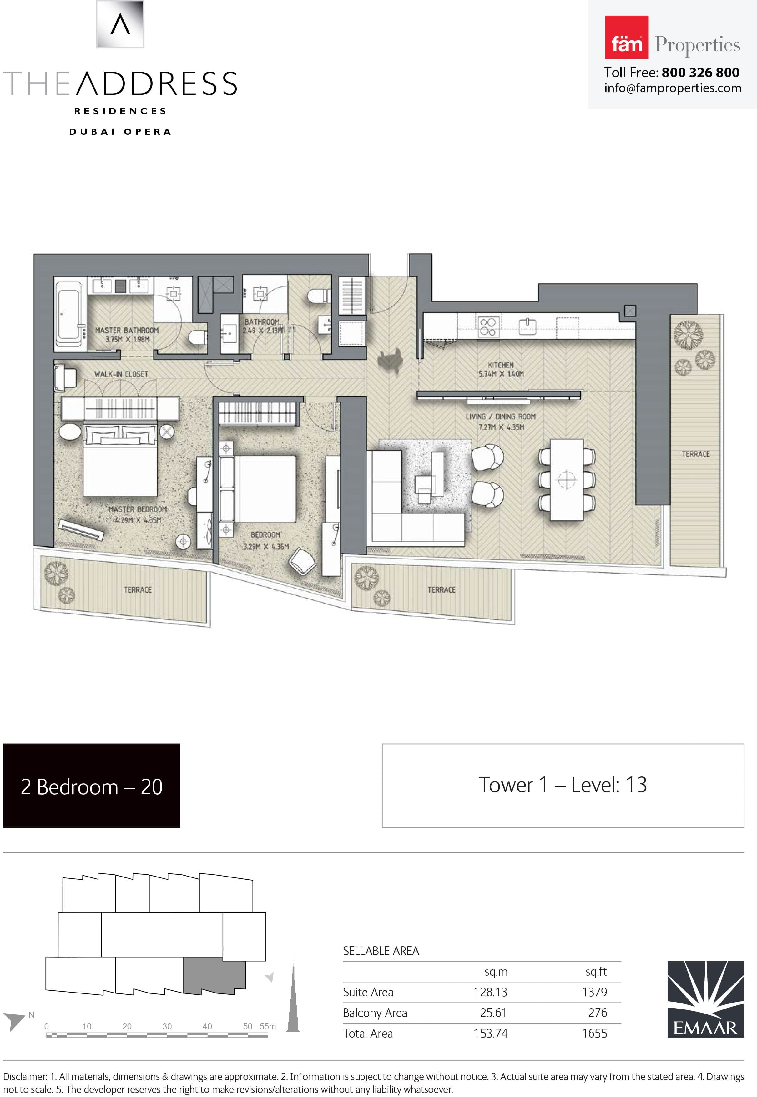 The Address Residences Dubai Opera Tower 1, 2-Bed Floor Plan, type: 2BR-20: Tower1 Level: 13