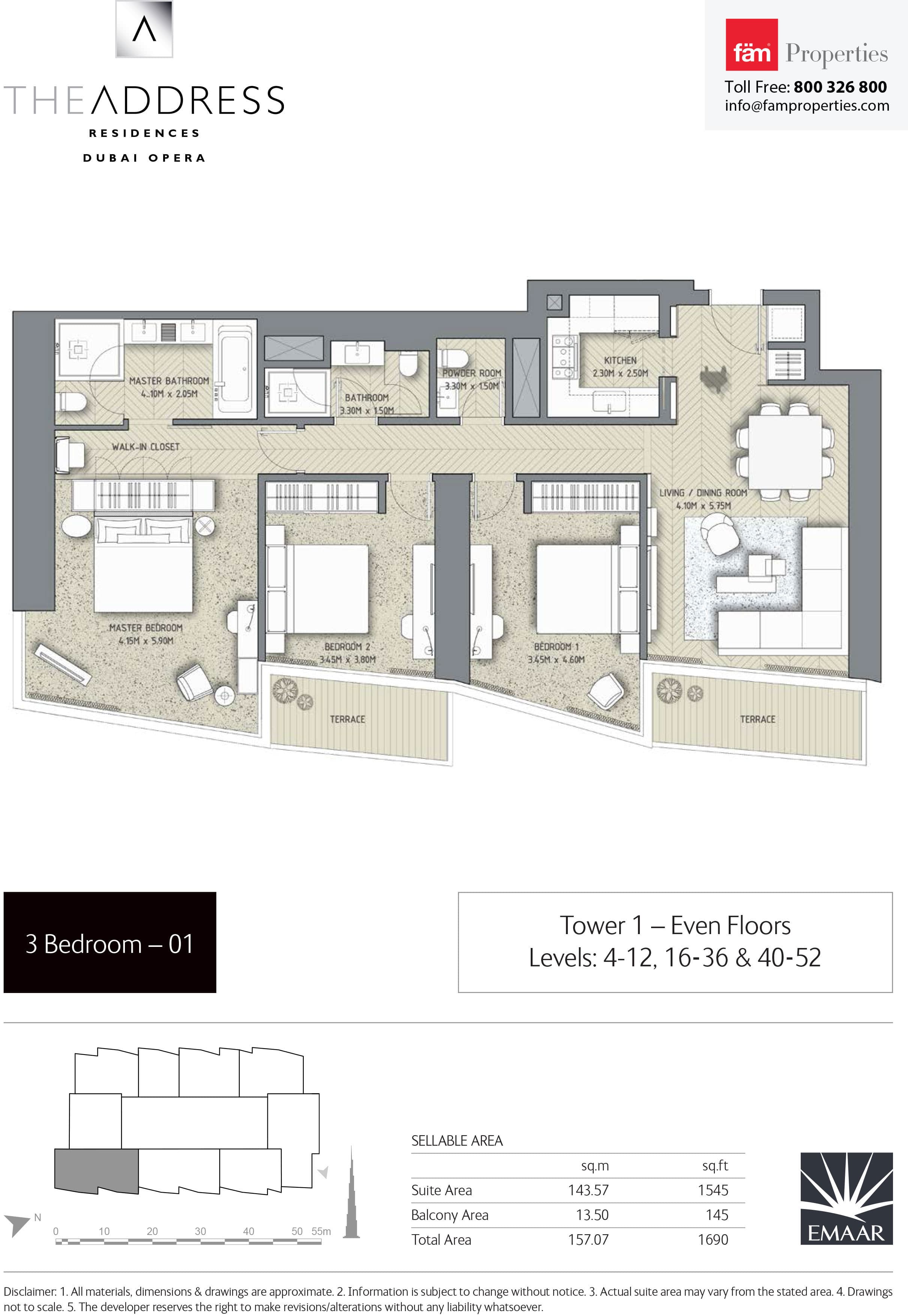 The Address Residences Dubai Opera Tower 1, 3-Bed Floor Plan, type: 3BR-1: Tower 1 - Even Floors Levels: 4-12, 16-36 & 40-52