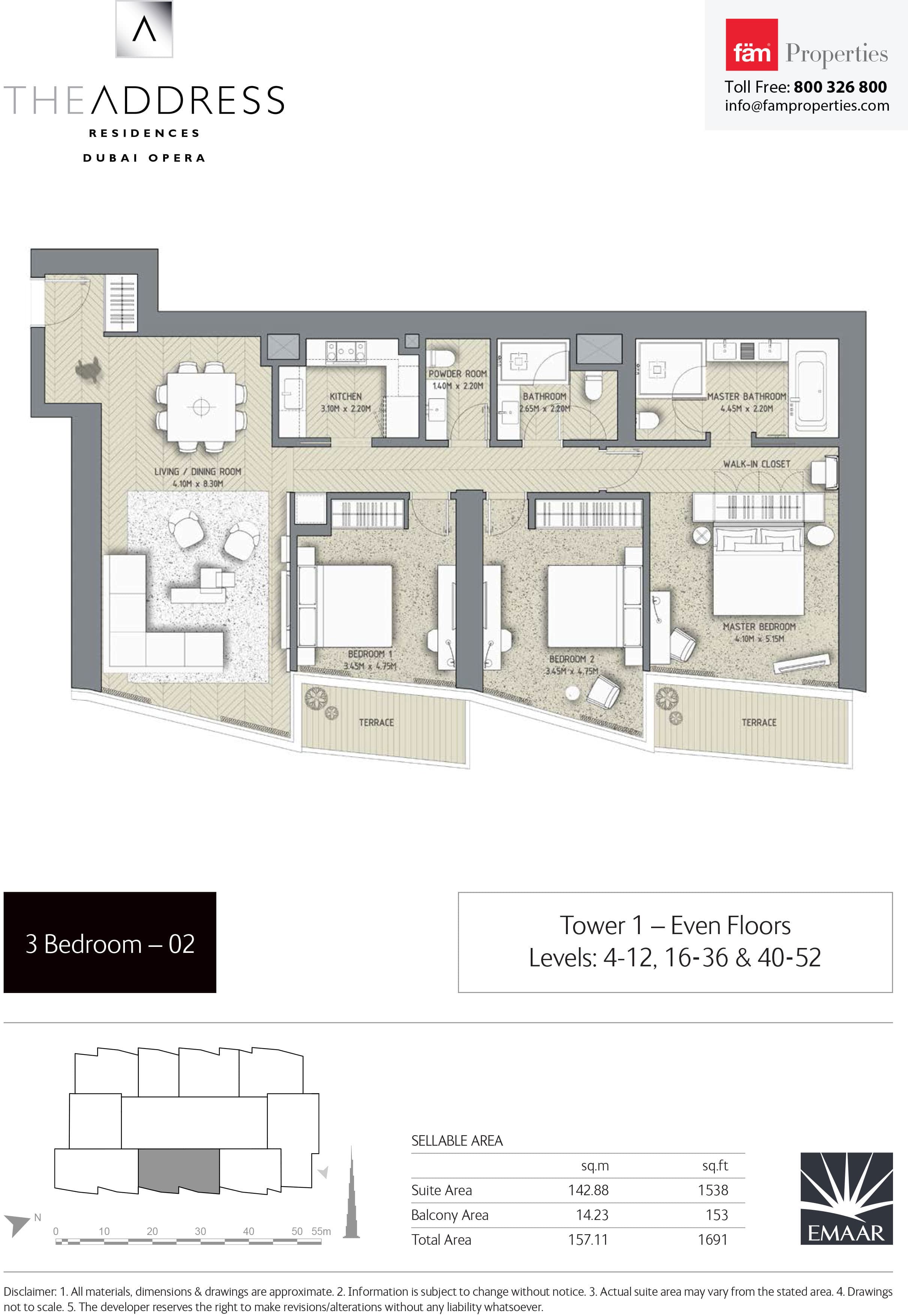 The Address Residences Dubai Opera Tower 1, 3-Bed Floor Plan, type: 3BR-2: Tower 1 - Even Floors Levels: 4-12, 16-36 & 40-52