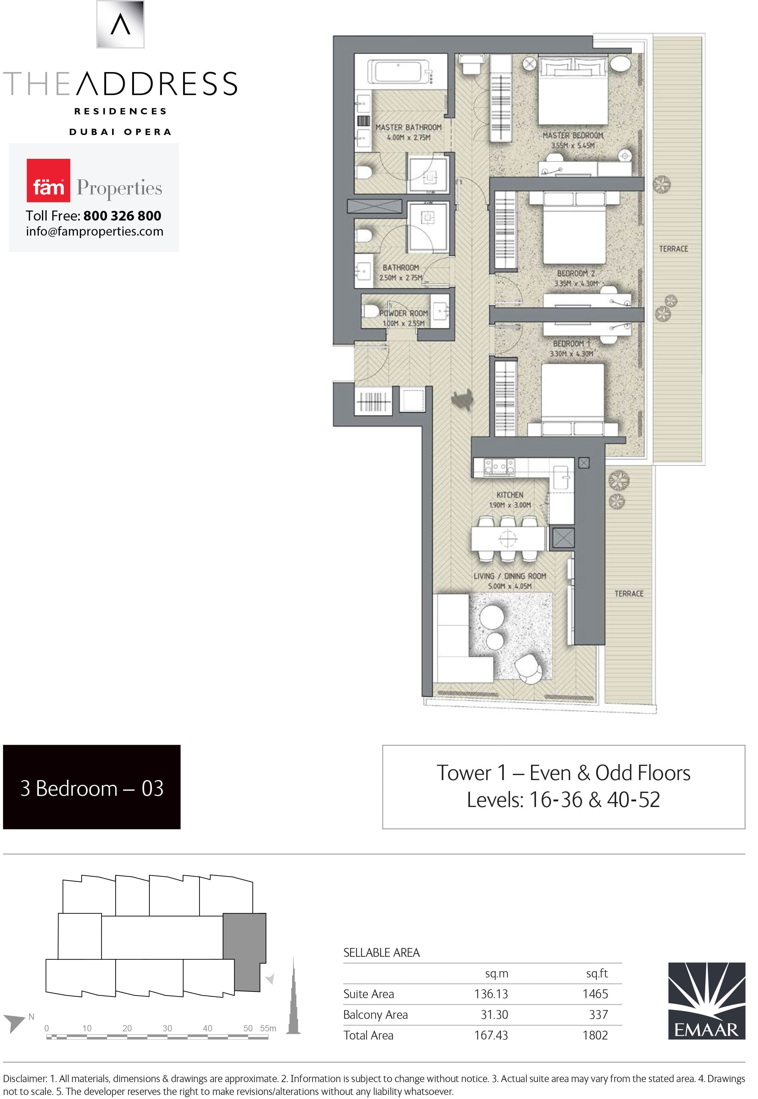 The Address Residences Dubai Opera Tower 1, 3-Bed Floor Plan, type: 3BR-3: Tower 1 - Even & Odd Floors Levels: 16-36 & 40-52