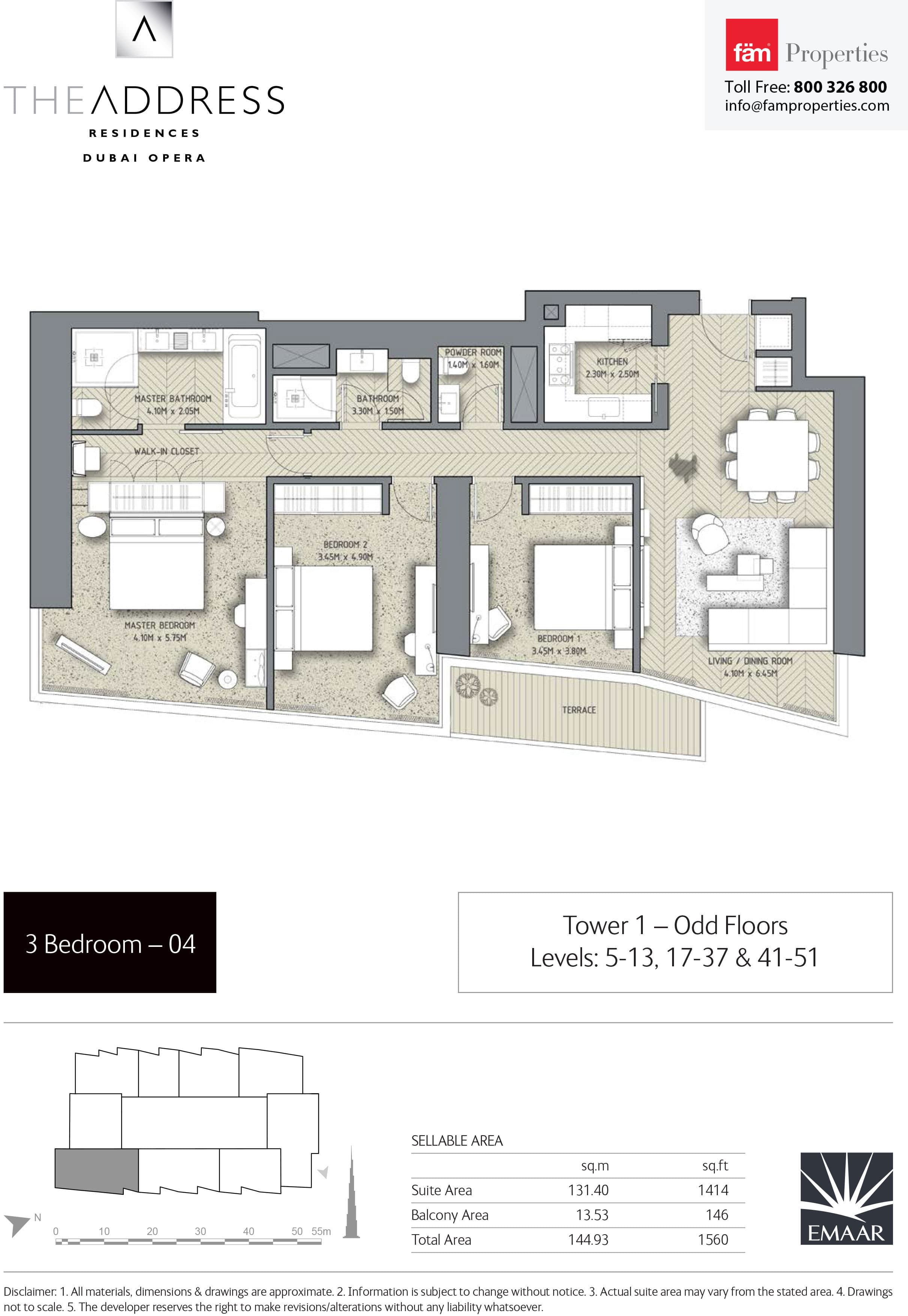 The Address Residences Dubai Opera Tower 1, 3-Bed Floor Plan, type: 3BR-4: Tower 1 - Odd Floors Levels: 5-13, 17-37 & 41-51