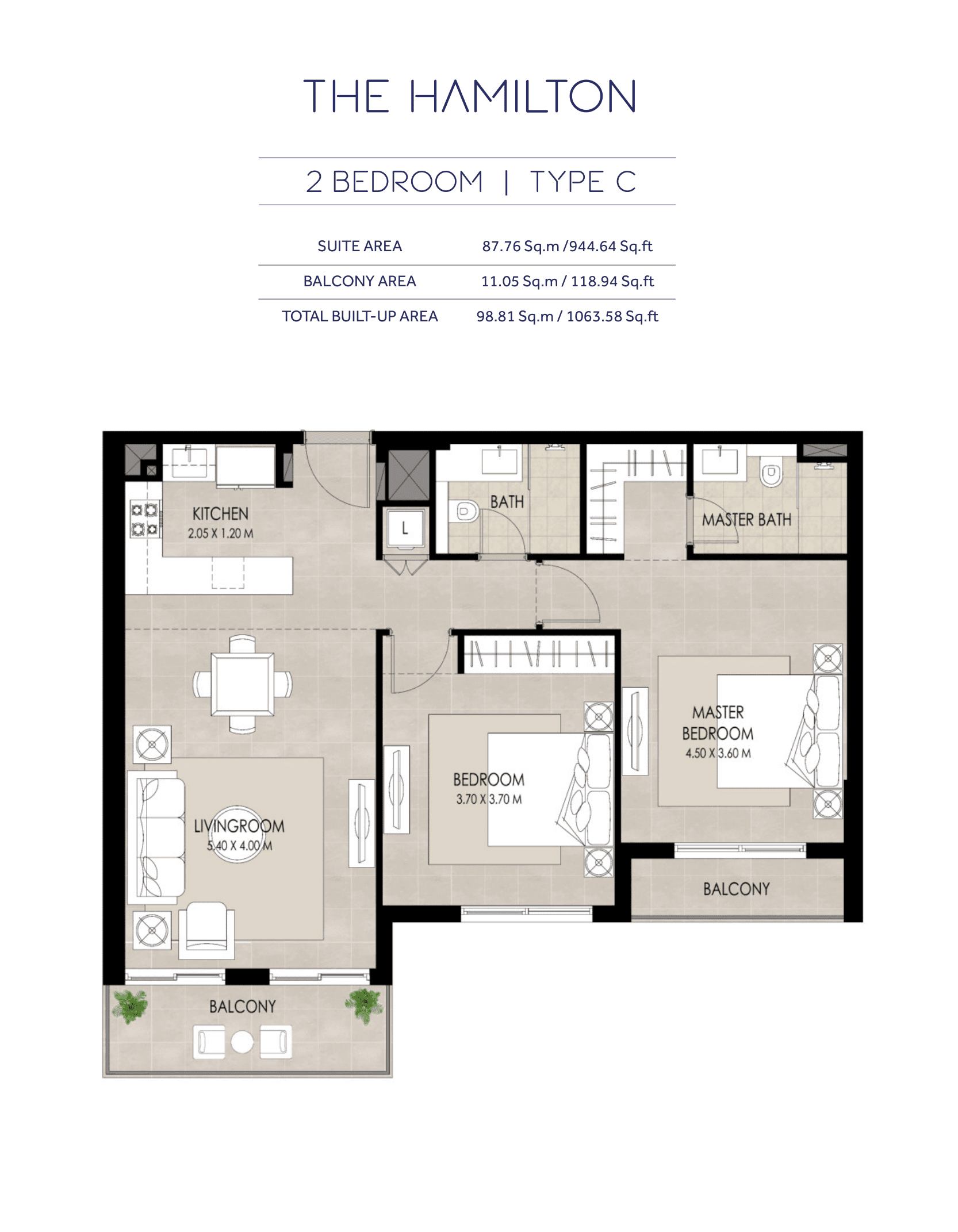 The Hamilton, 2-Bed Floor Plan, type: