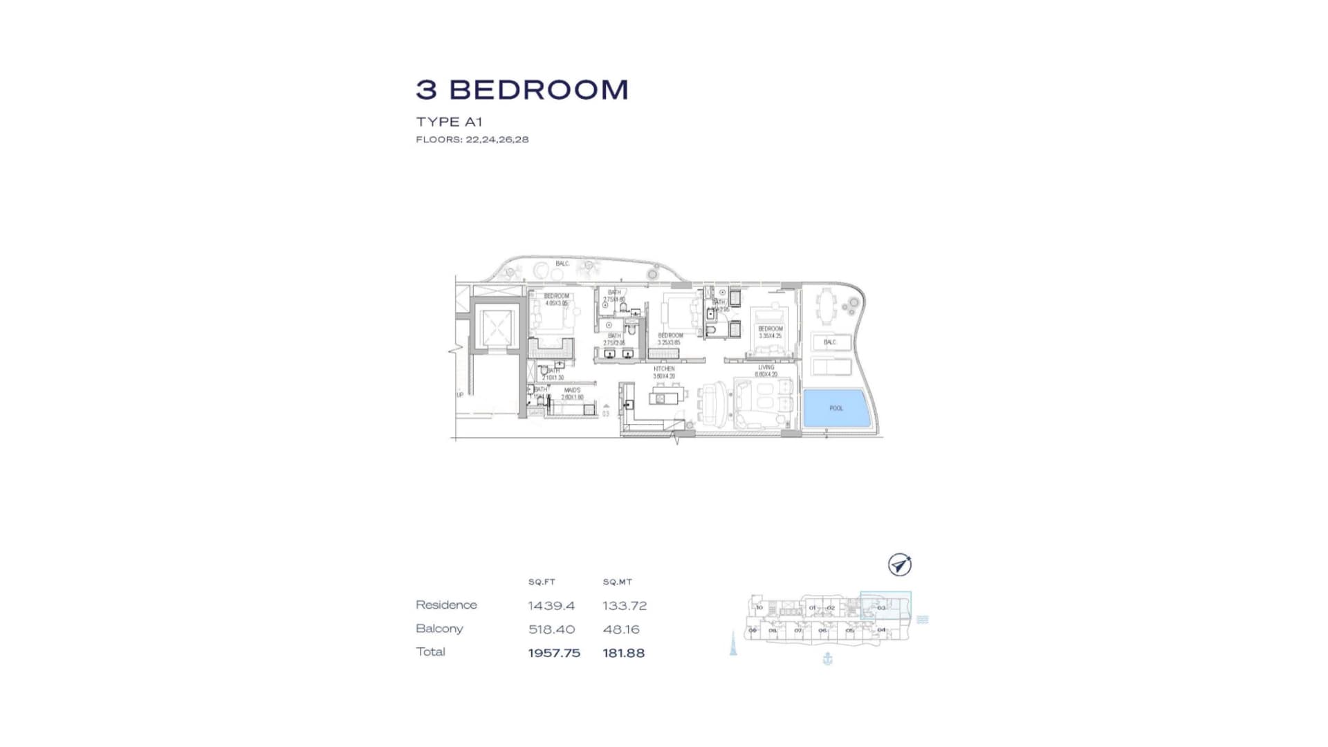 The Pier, 3-Bed Floor Plan, type: 3BR - Type A1