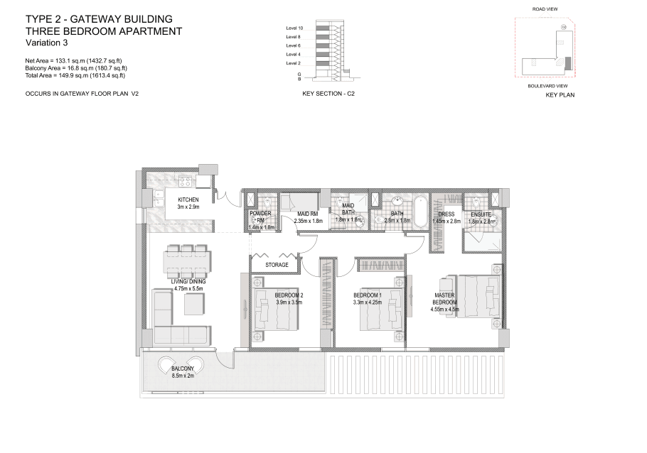 The Pulse Boulevard Apartments, 3-Bed Floor Plan, type: 3 Bedroom