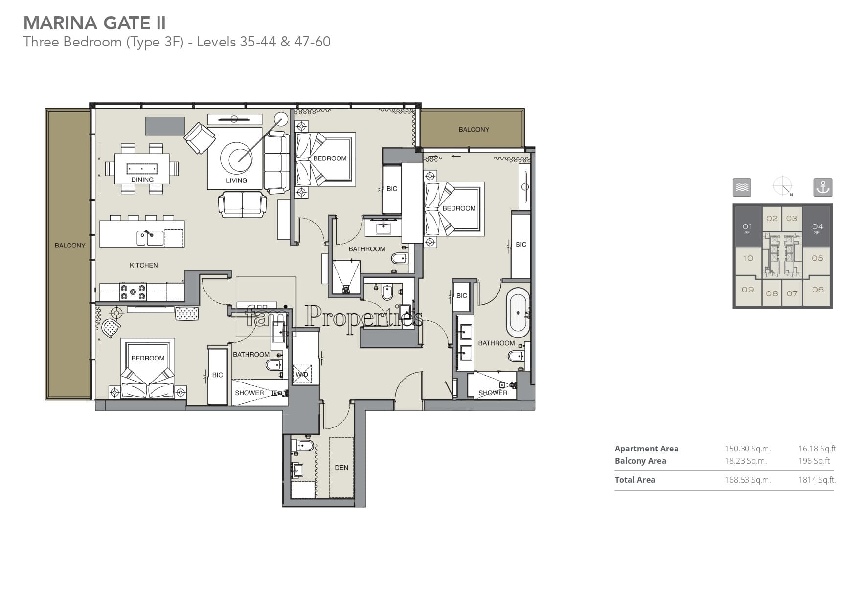 The Residences at Marina Gate 2, 3-Bed Floor Plan, type: 3 Bedroom