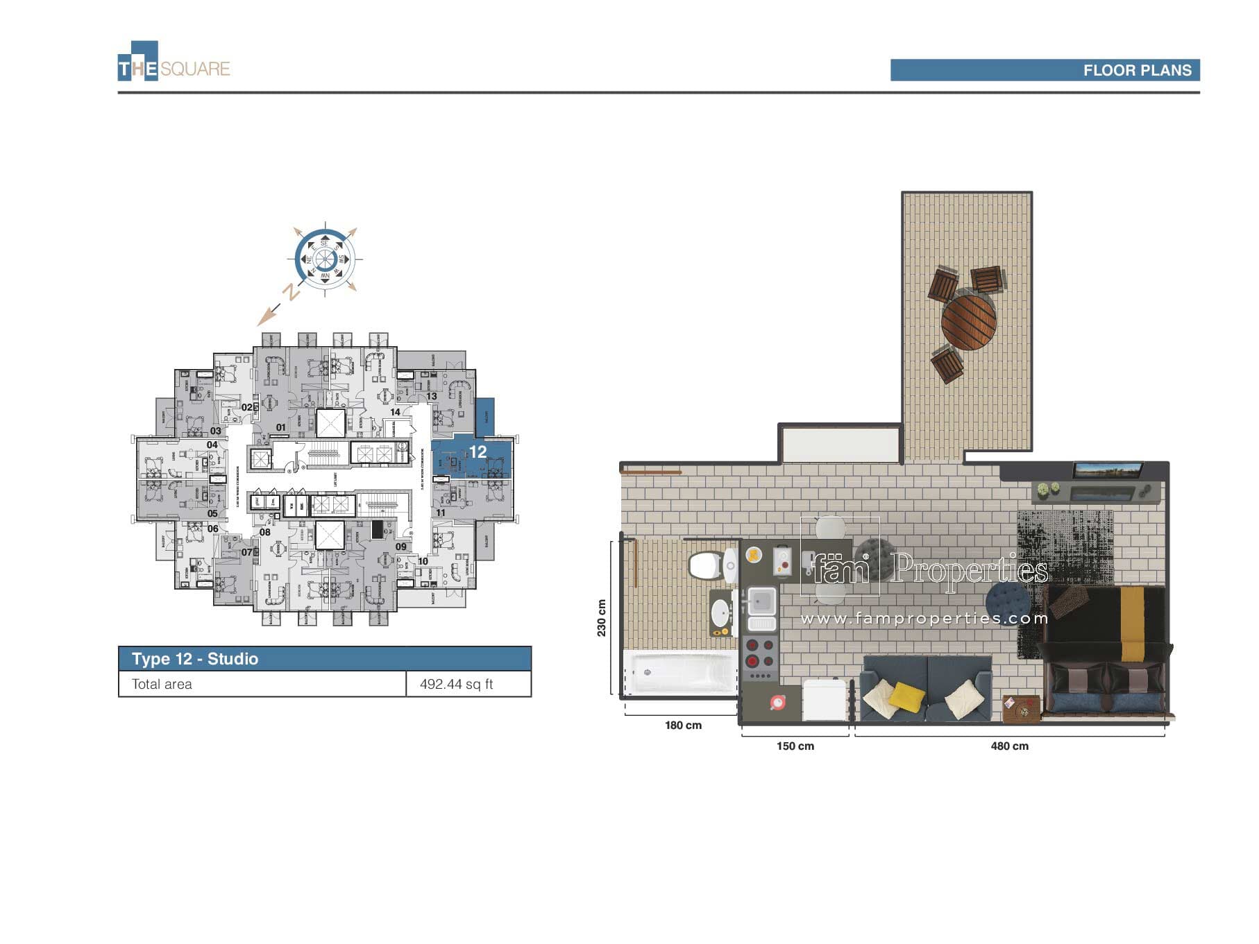 The Square Tower, 0-Bed Floor Plan, type: Studio