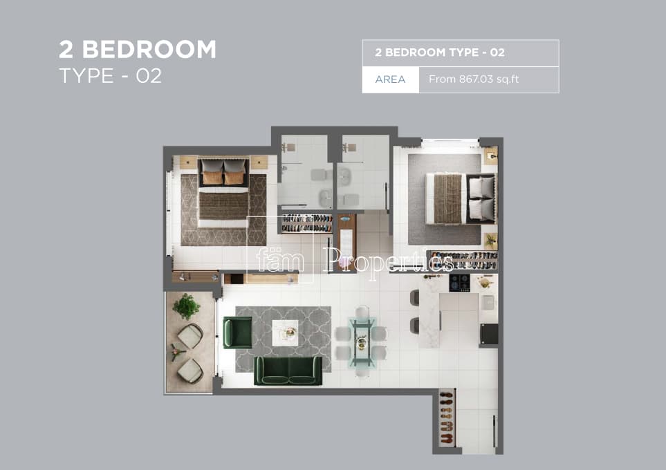Torino By ORO24 - 1, 2-Bed Floor Plan, type: 2 Bedroom