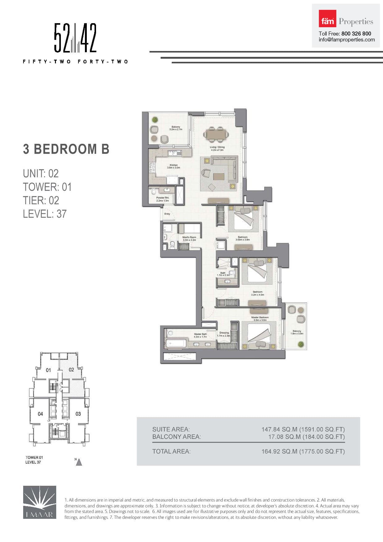 5242 Tower 1, 3-Bed Floor Plan, type: 3 Bedroom B