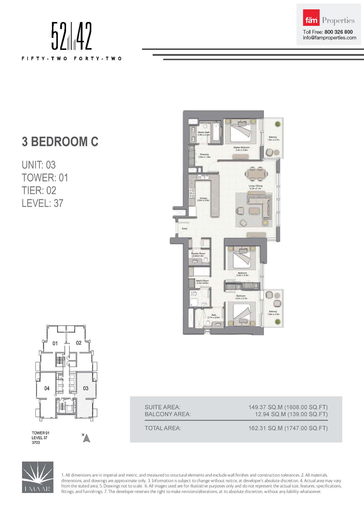 5242 Tower 1, 3-Bed Floor Plan, type: 3 Bedroom C