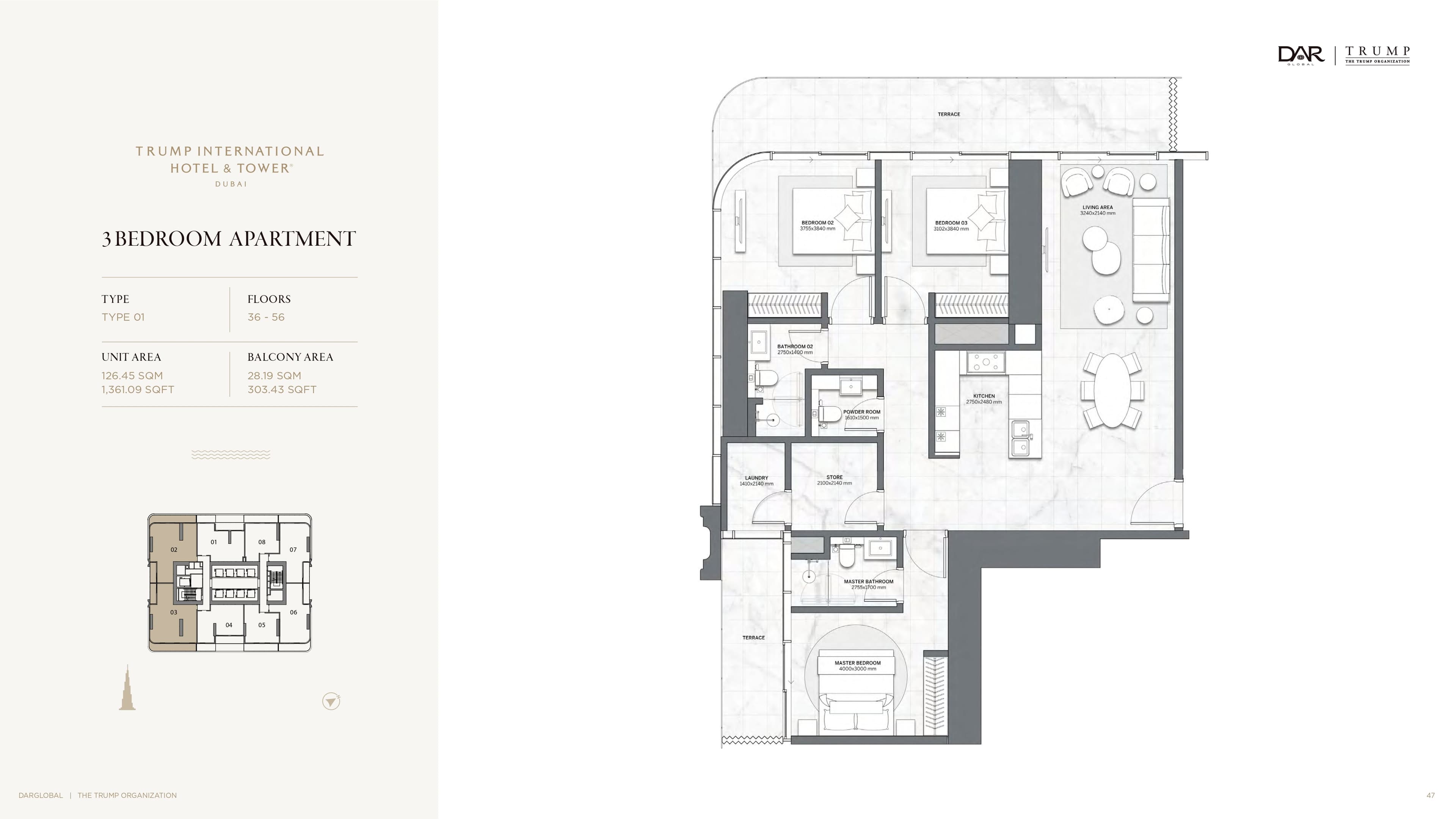Trump Tower, 3-Bed Floor Plan, type: 3 Bed
