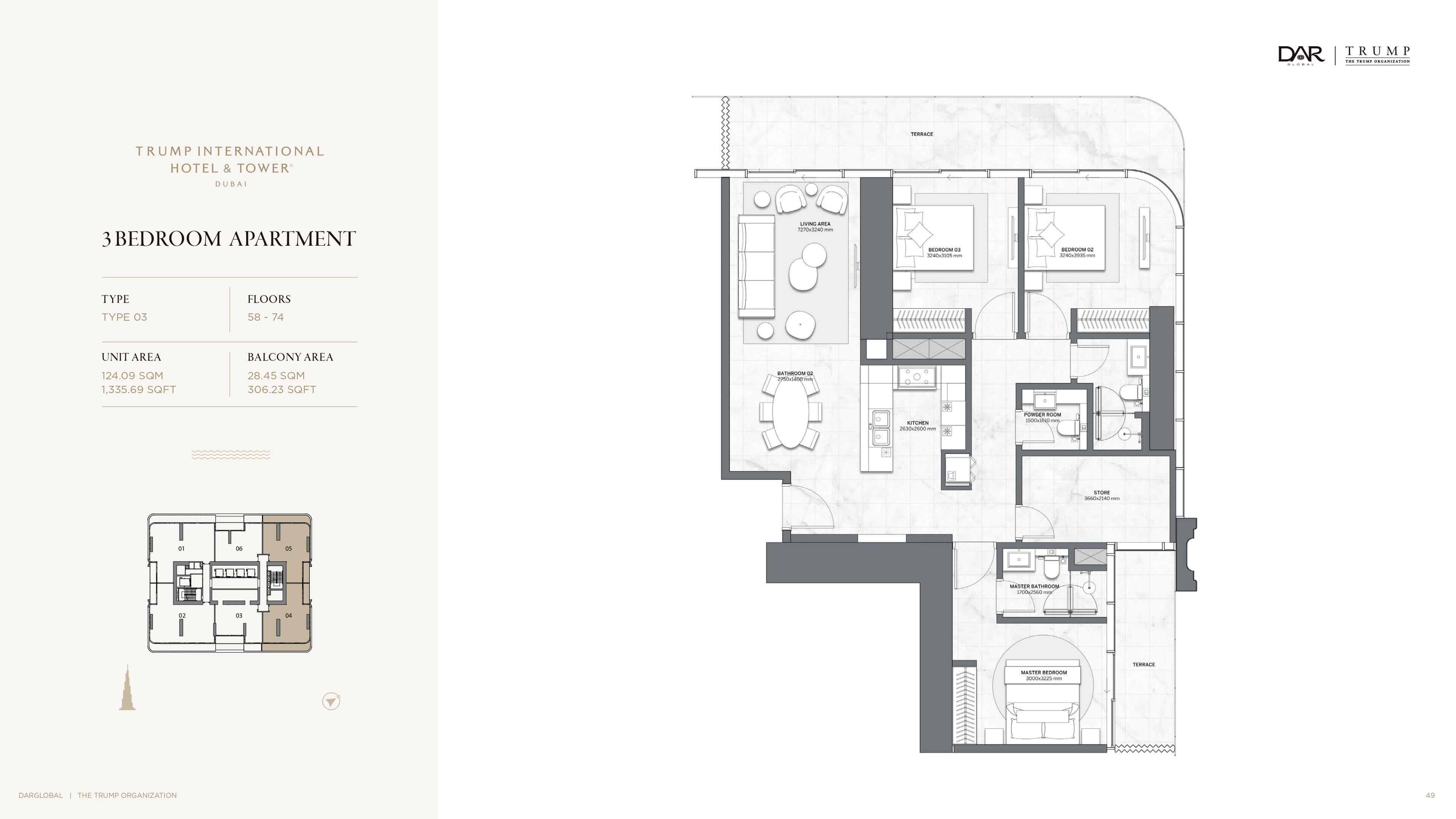 Trump Tower, 3-Bed Floor Plan, type: 3 Bed