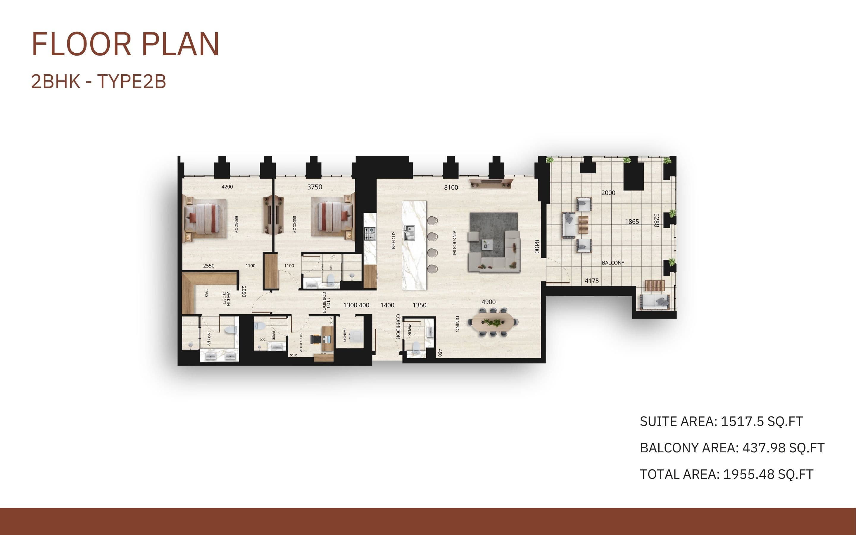 Tura Residence, 2-Bed Floor Plan, type:
