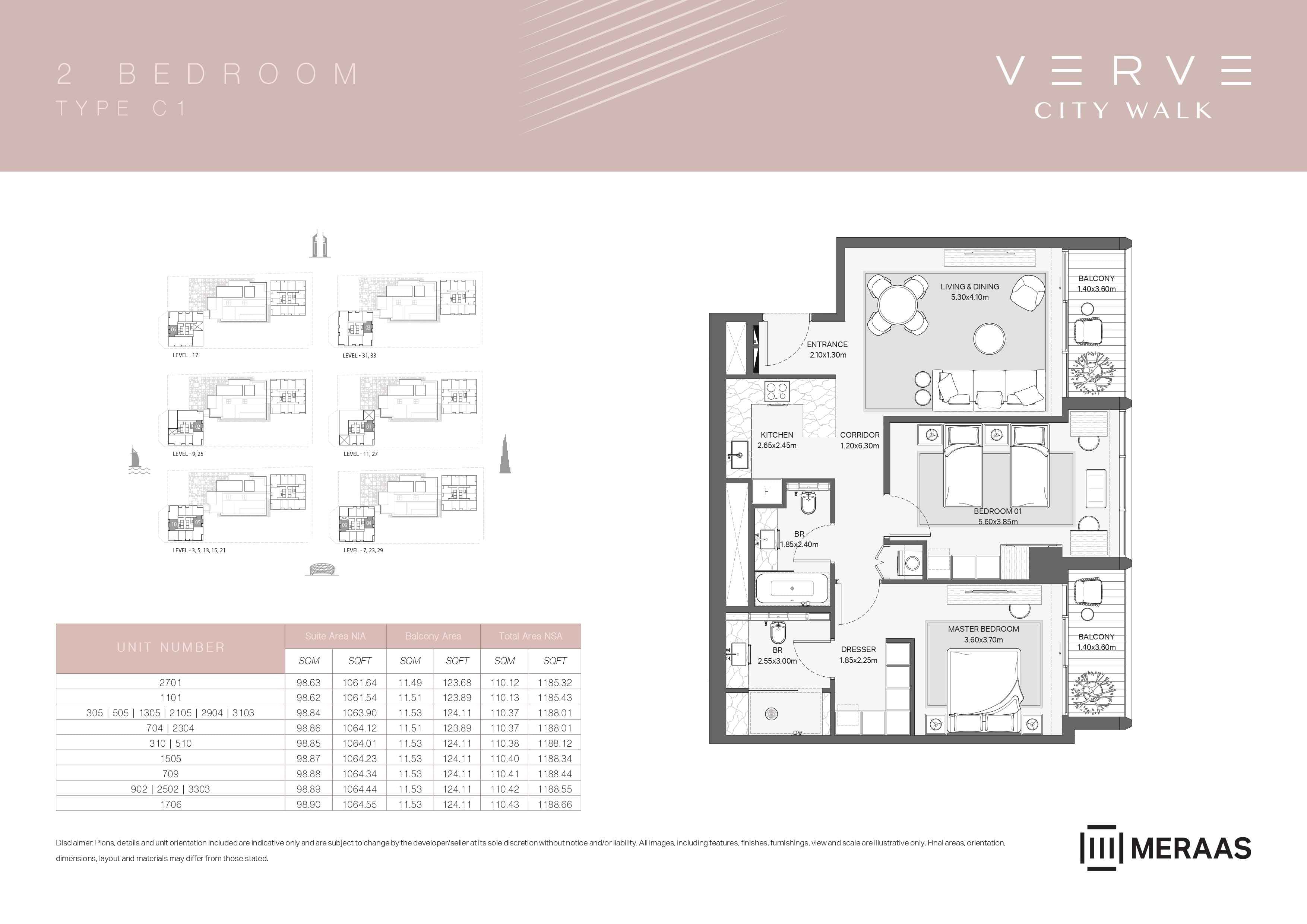 Verve City Walk - Tower A, 2-Bed Floor Plan, type: Tower A - 2BR - C1