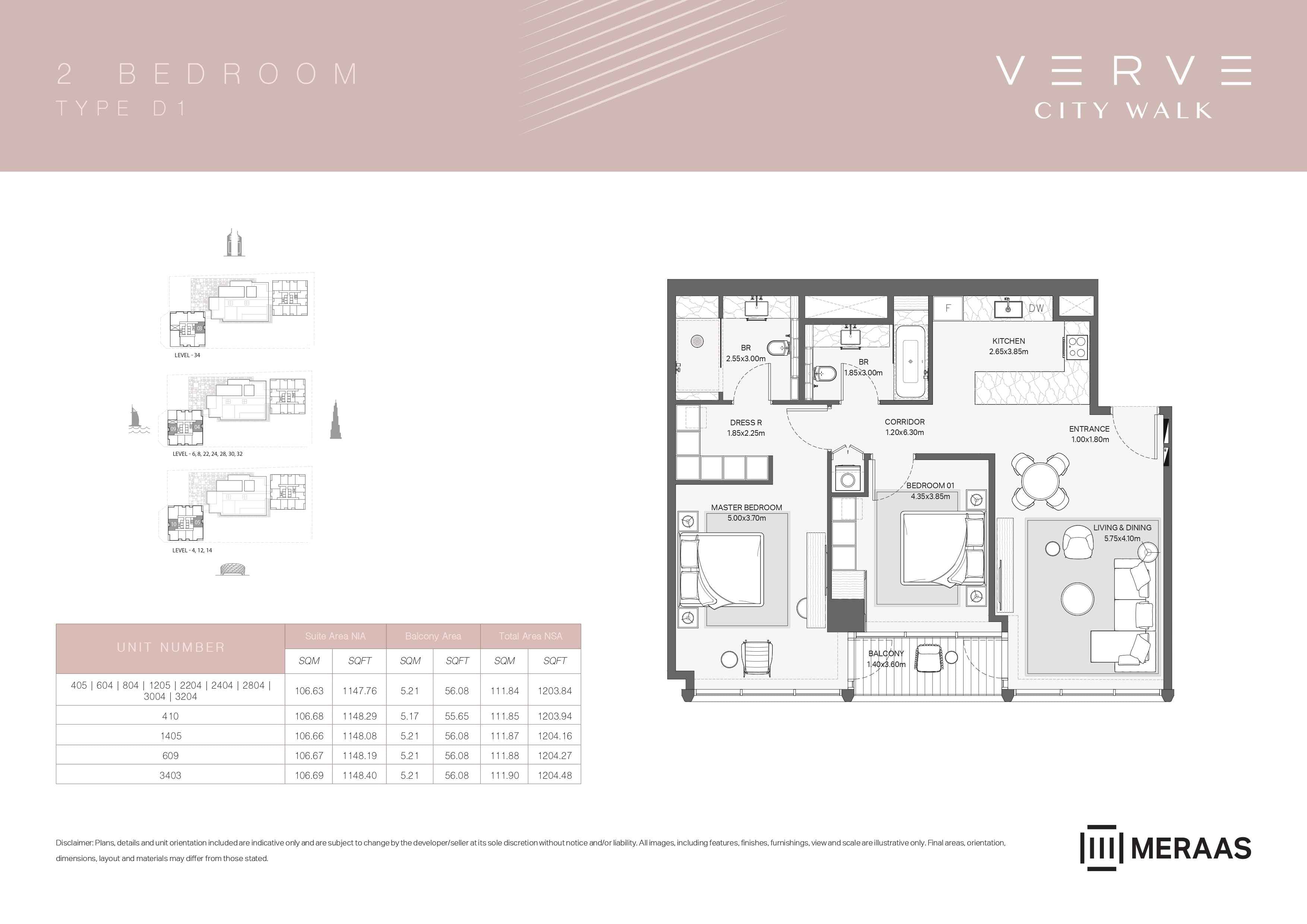 Verve City Walk - Tower A, 2-Bed Floor Plan, type: Tower A - 2BR - D1
