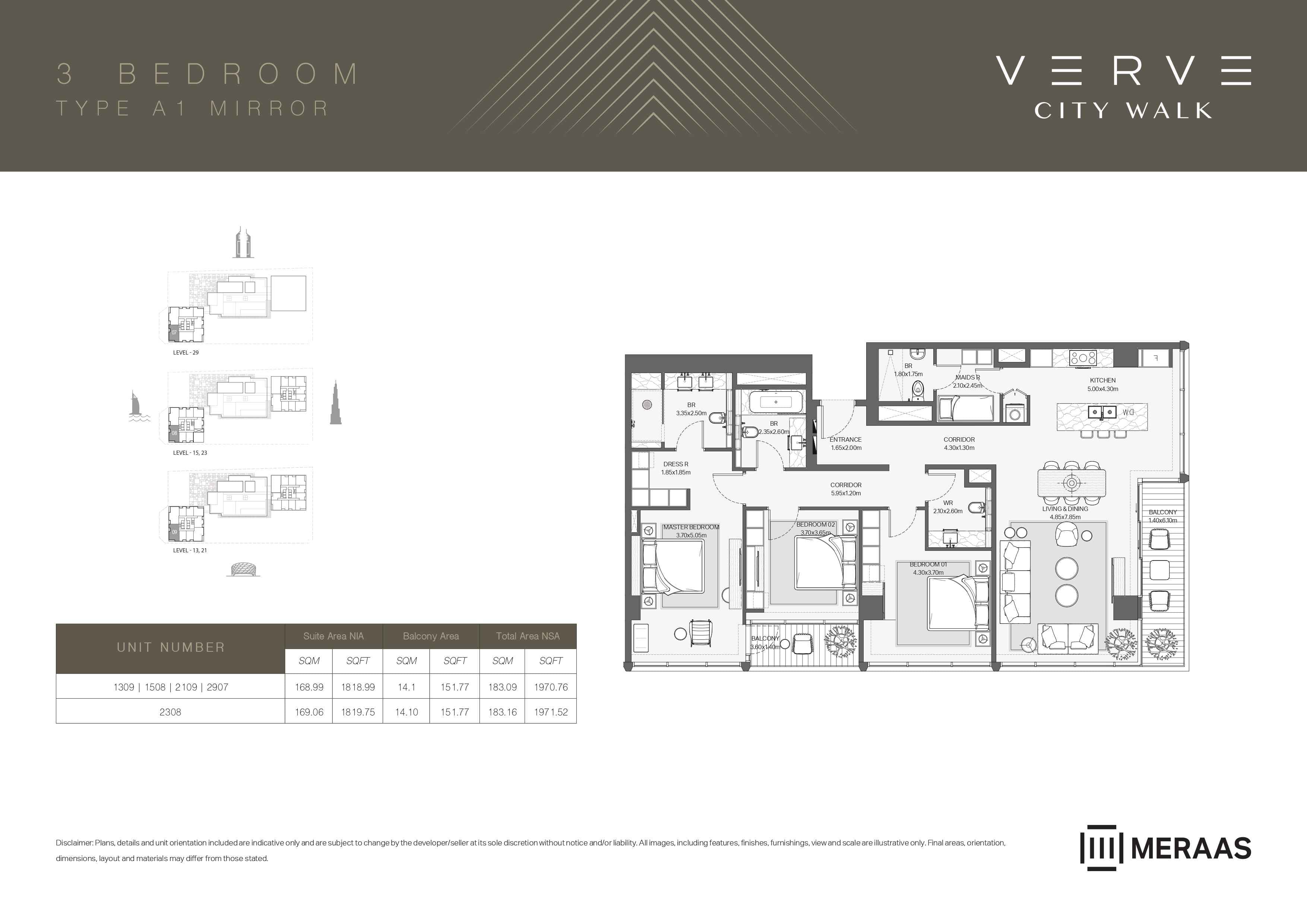 Verve City Walk - Tower A, 3-Bed Floor Plan, type: Tower A - 3BR - A1 MIRROR
