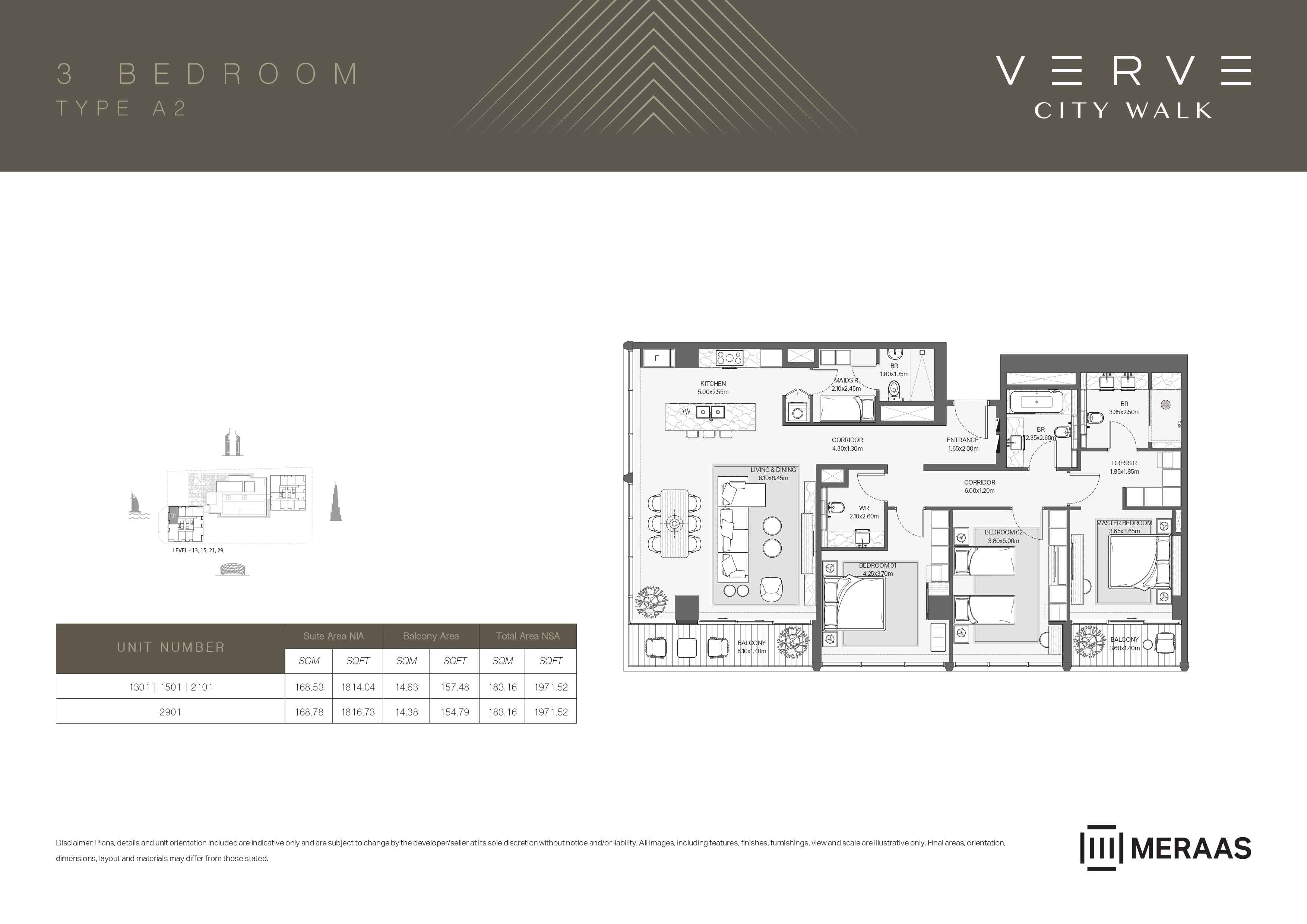 Verve City Walk - Tower A, 3-Bed Floor Plan, type: Tower A - 3BR - A2