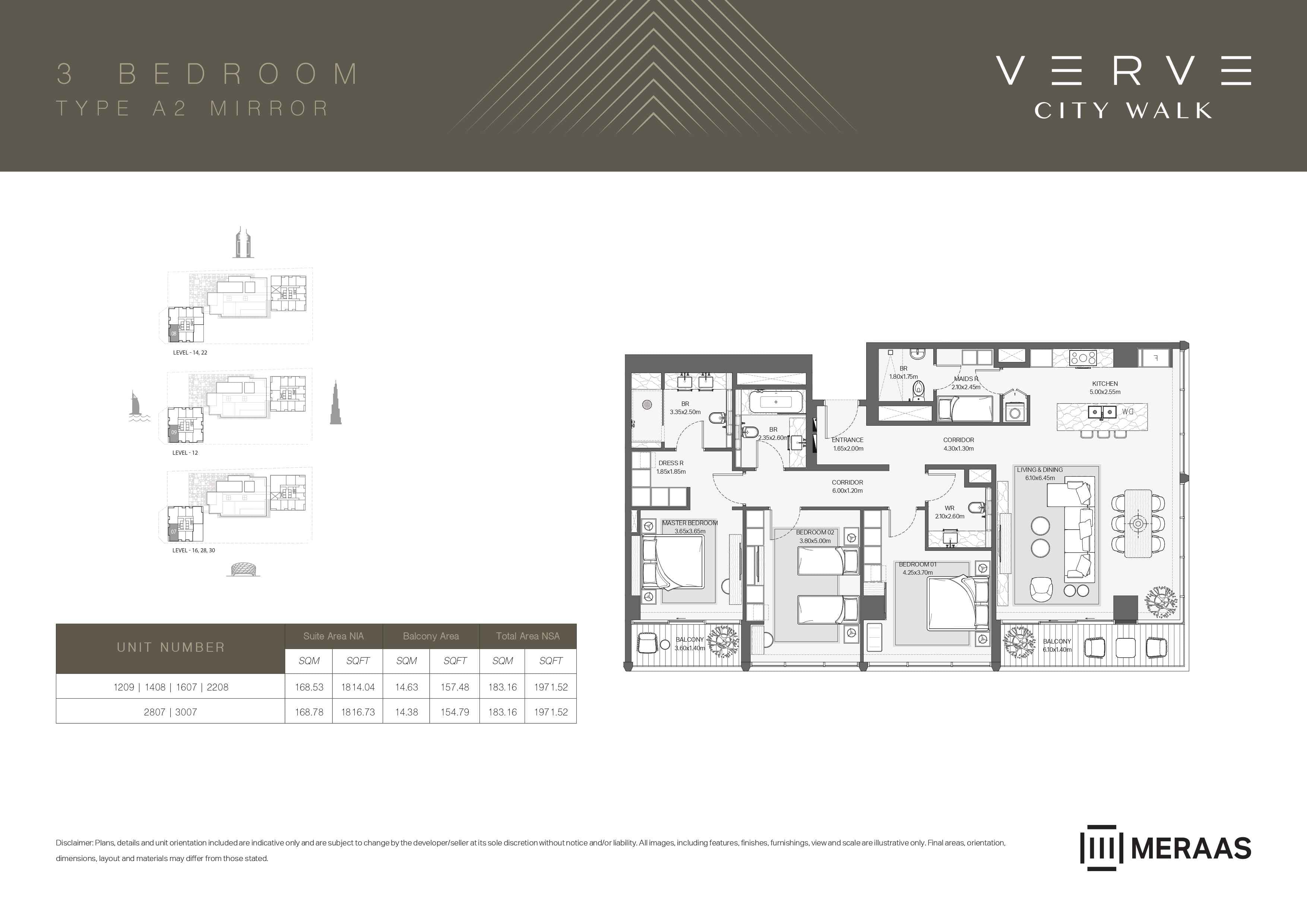 Verve City Walk - Tower A, 3-Bed Floor Plan, type: Tower A - 3BR - A2 MIRROR