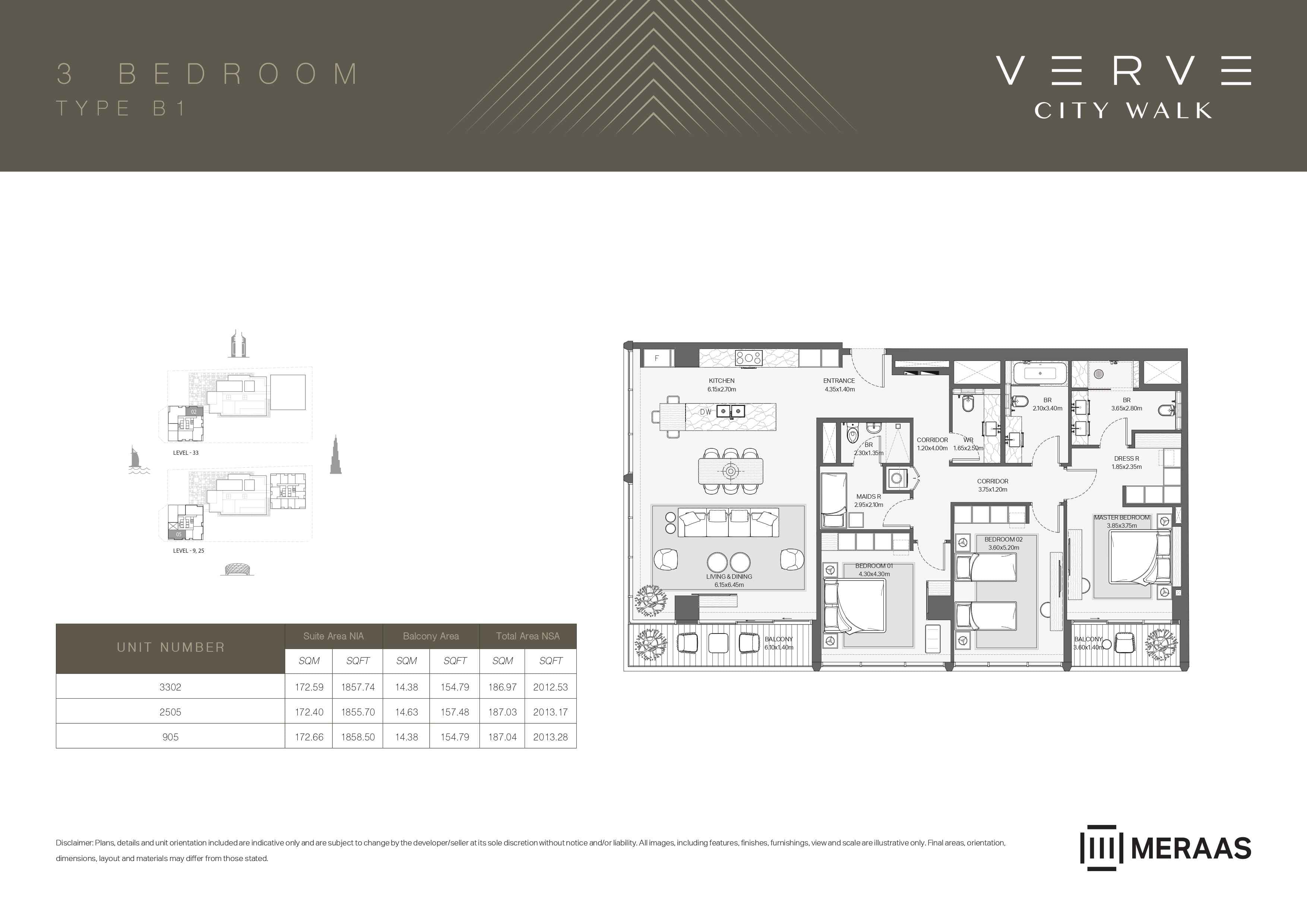 Verve City Walk - Tower A, 3-Bed Floor Plan, type: Tower A - 3BR - B1