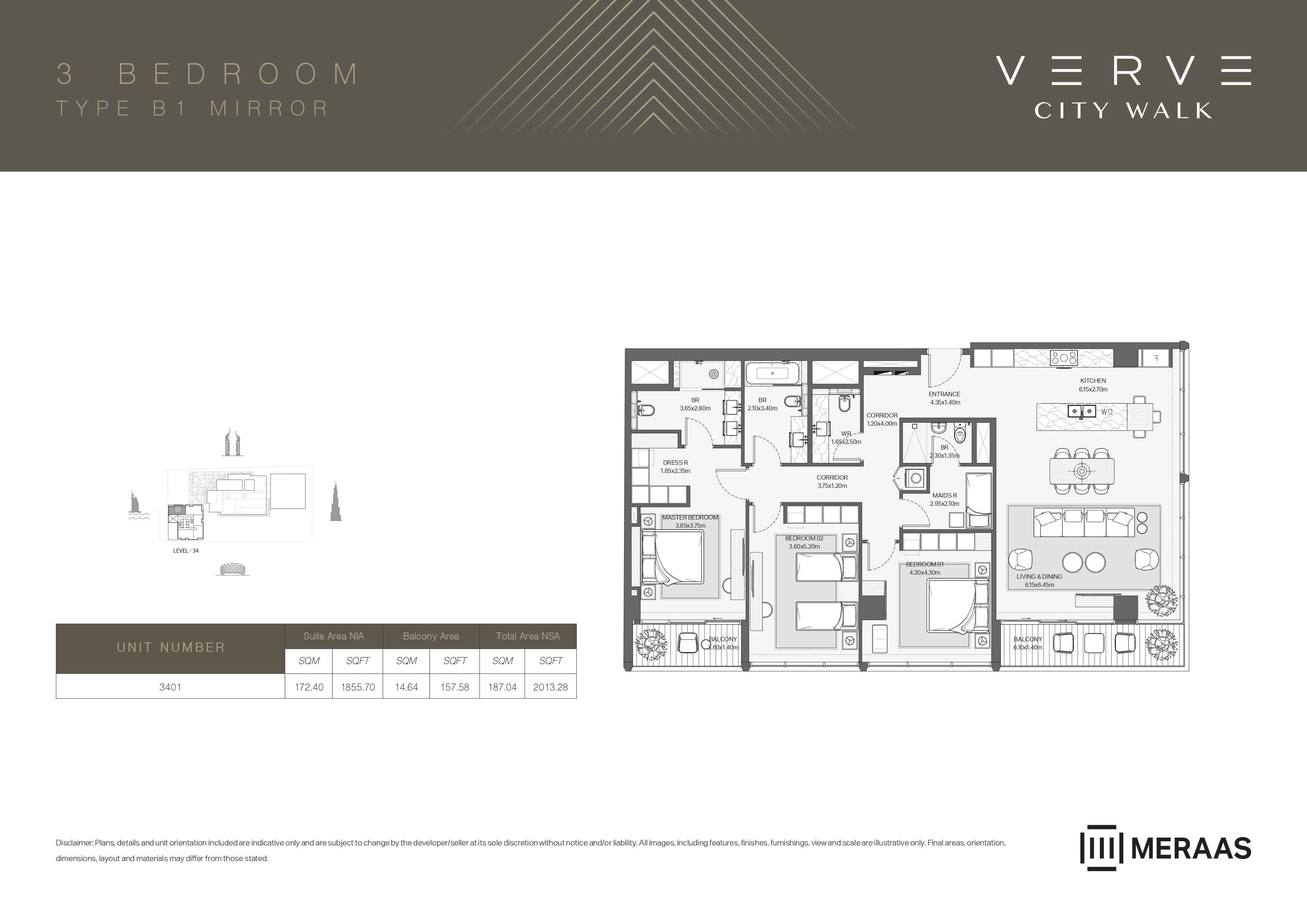 Verve City Walk - Tower A, 3-Bed Floor Plan, type: Tower A - 3BR - B1 MIRROR