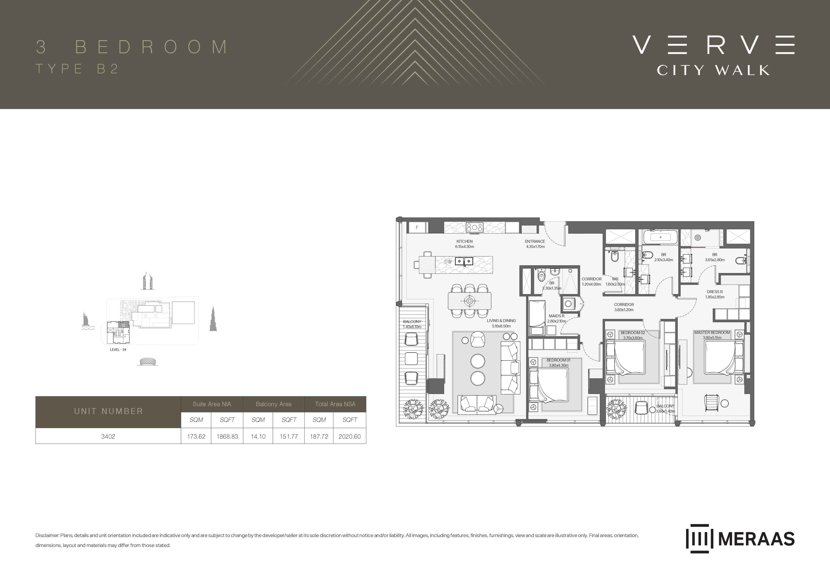 Verve City Walk - Tower A, 3-Bed Floor Plan, type: Tower A - 3BR - B2
