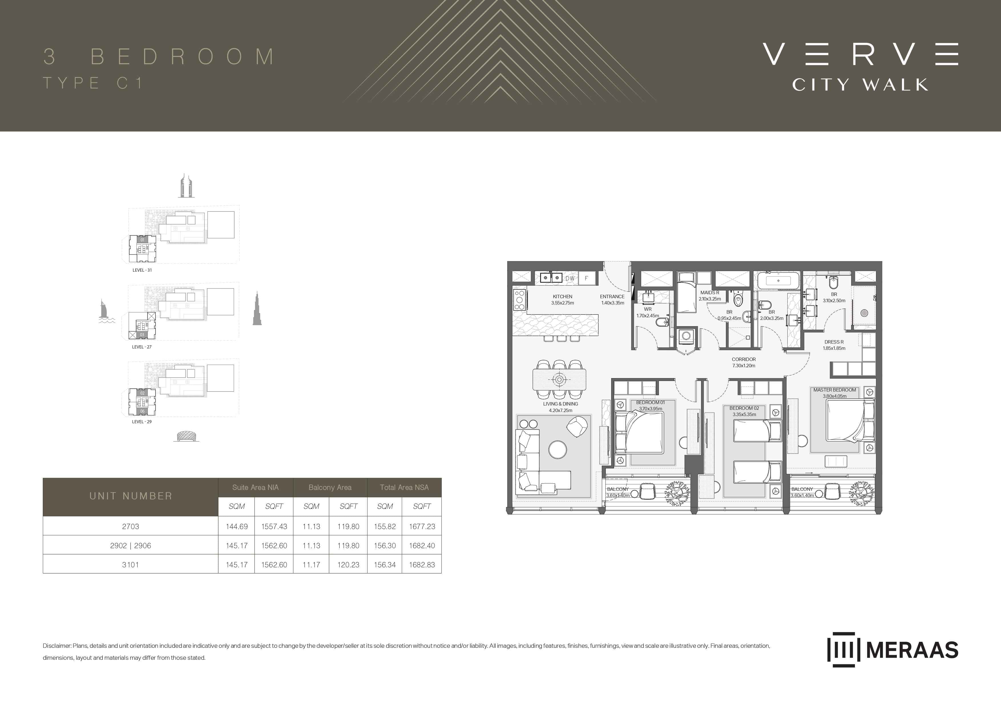 Verve City Walk - Tower A, 3-Bed Floor Plan, type: Tower A - 3BR - C1