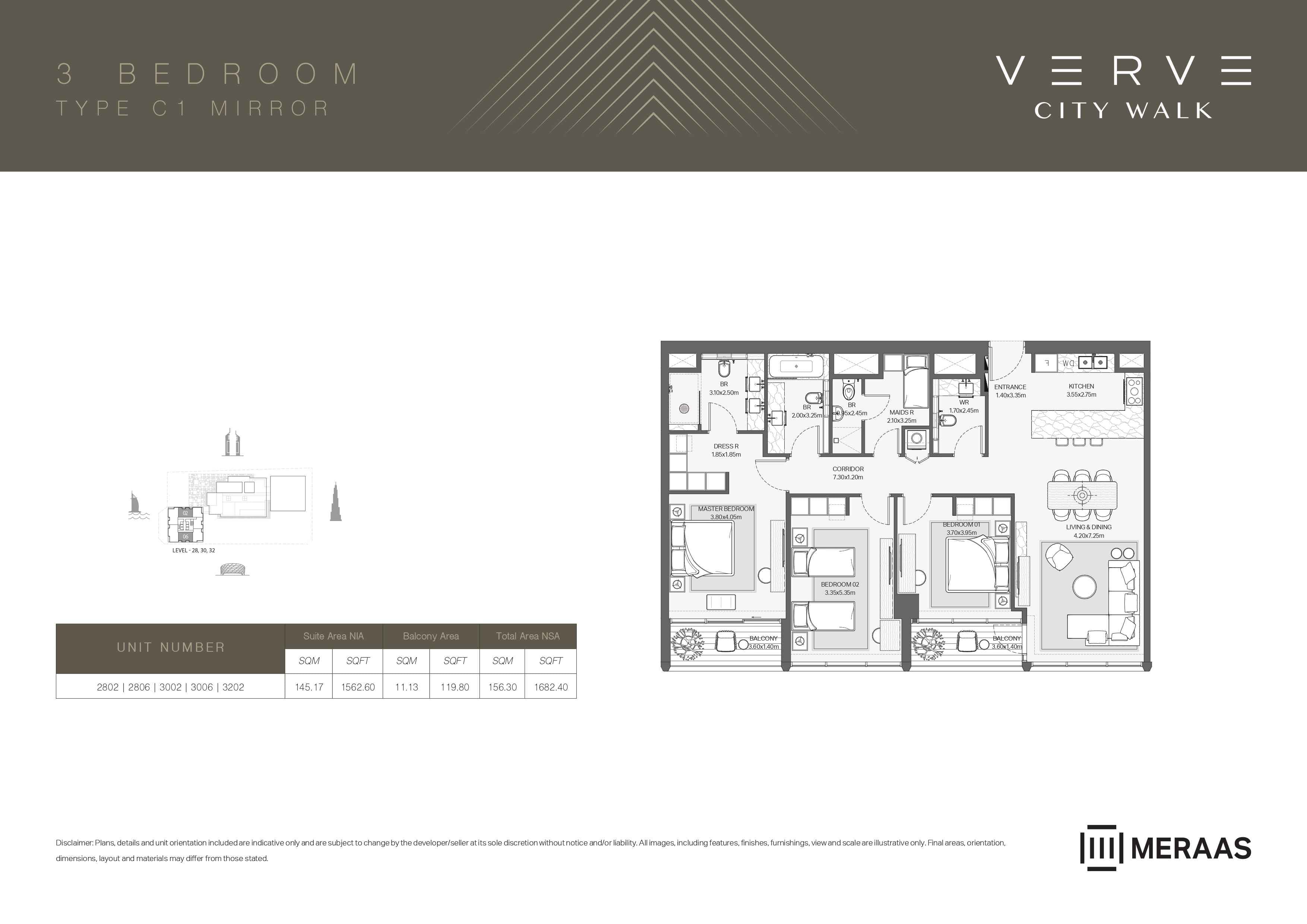 Verve City Walk - Tower A, 3-Bed Floor Plan, type: Tower A - 3BR - C1 MIRROR