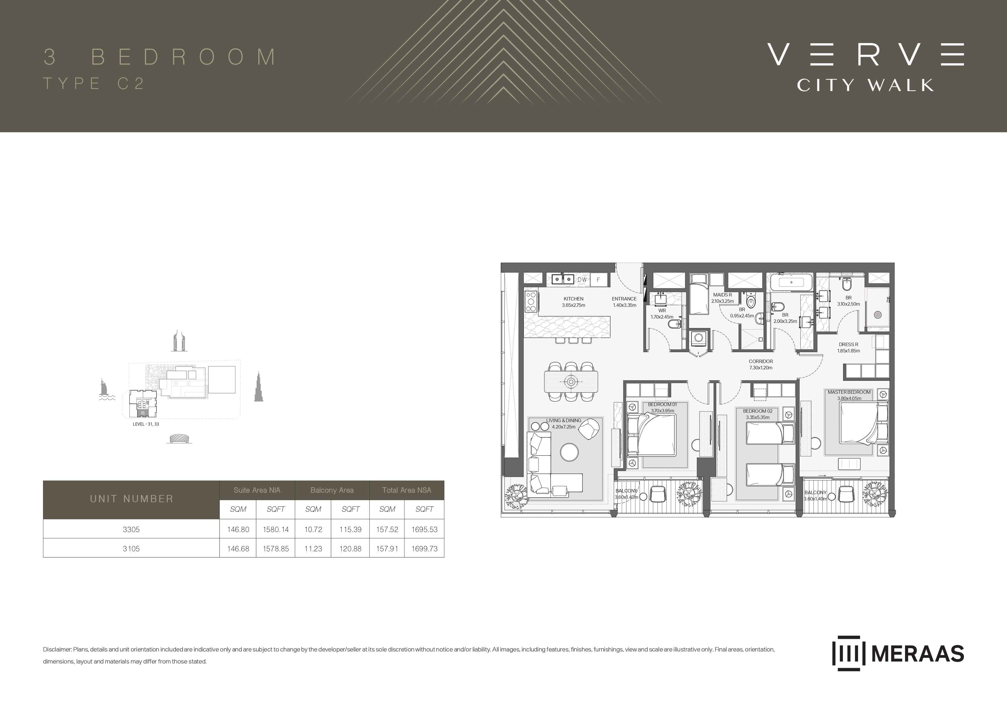 Verve City Walk - Tower A, 3-Bed Floor Plan, type: Tower A - 3BR - C2