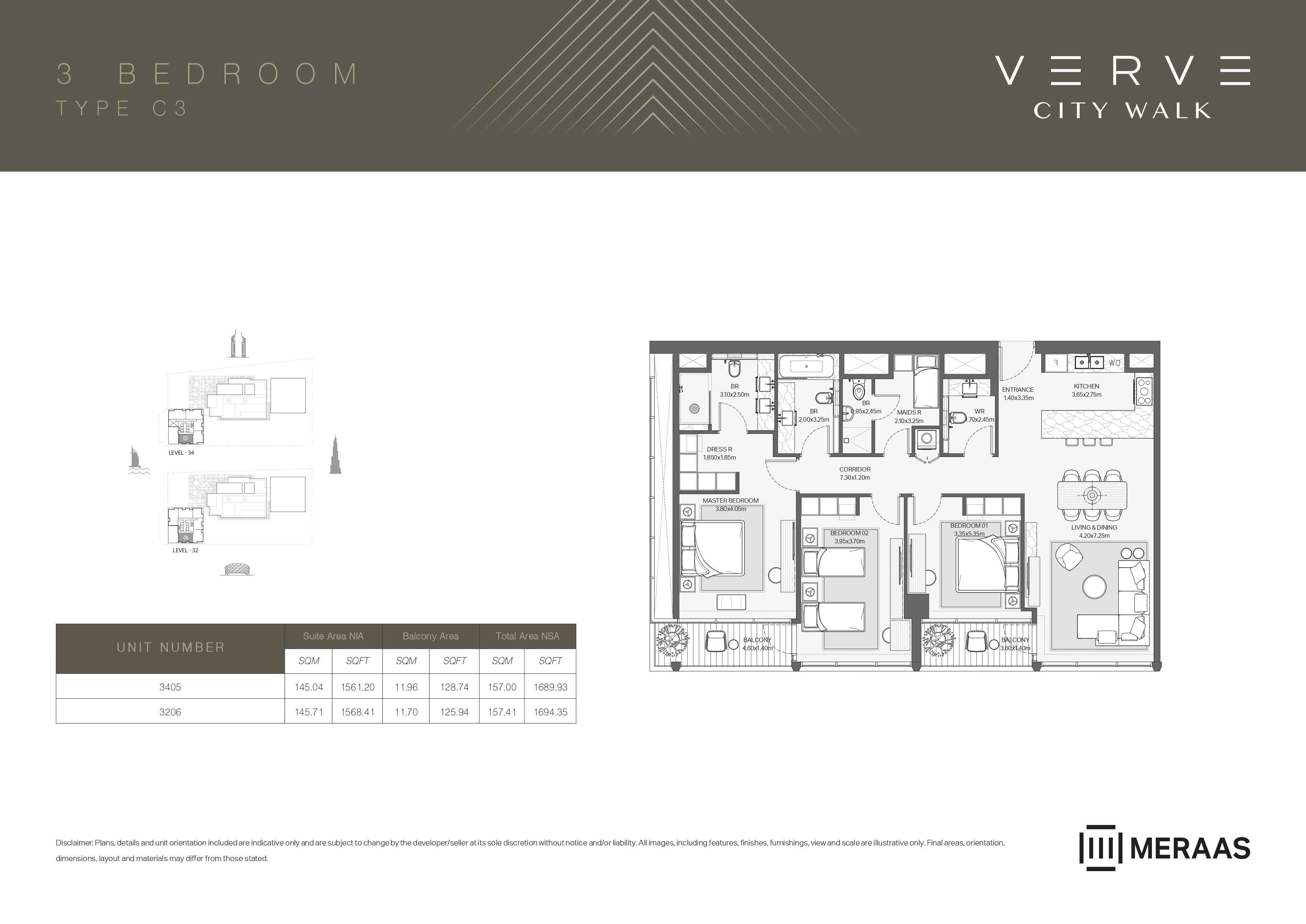 Verve City Walk - Tower A, 3-Bed Floor Plan, type: Tower A - 3BR - C3