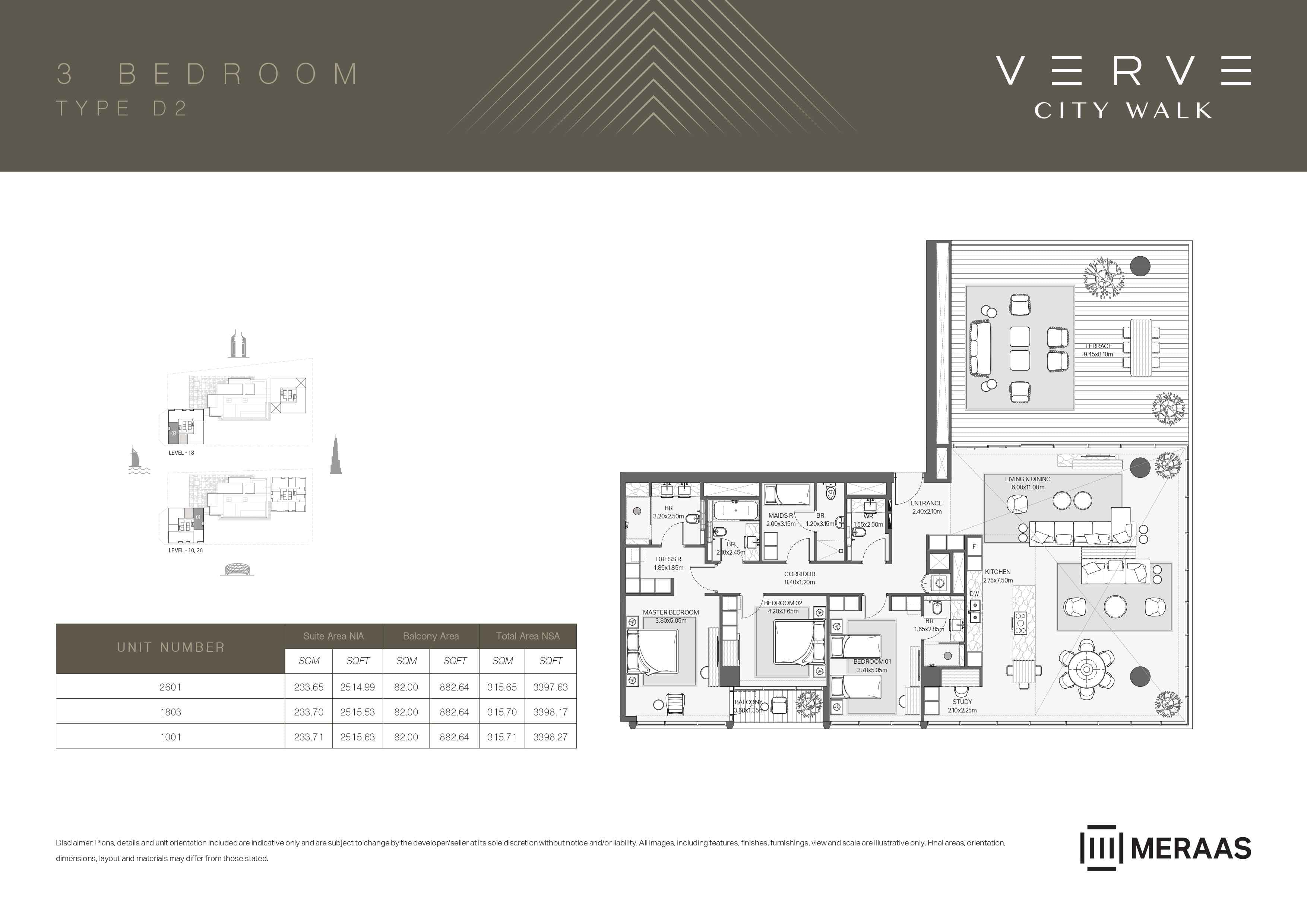 Verve City Walk - Tower A, 3-Bed Floor Plan, type: Tower A - 3BR - D2