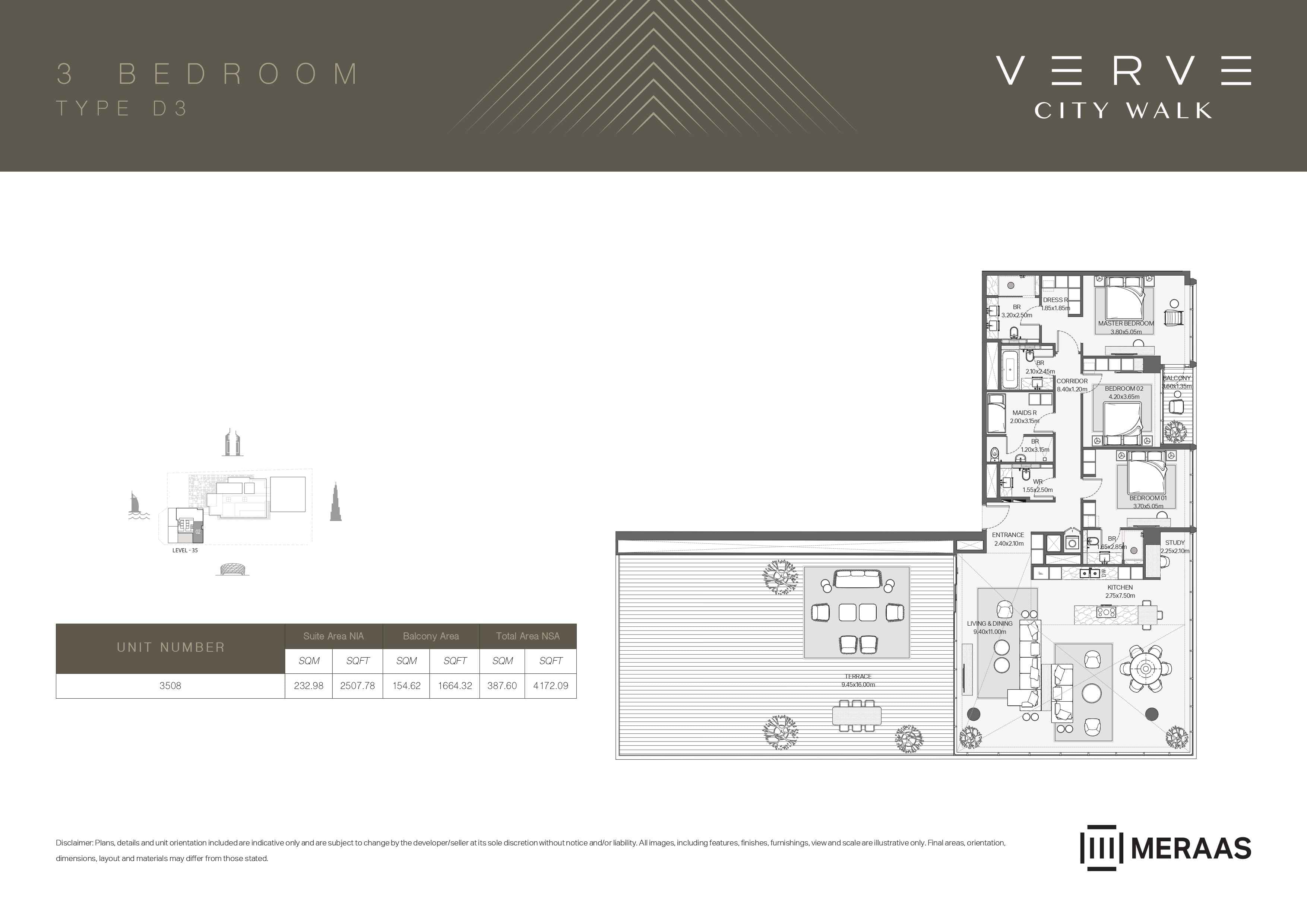 Verve City Walk - Tower A, 3-Bed Floor Plan, type: Tower A - 3BR - D3